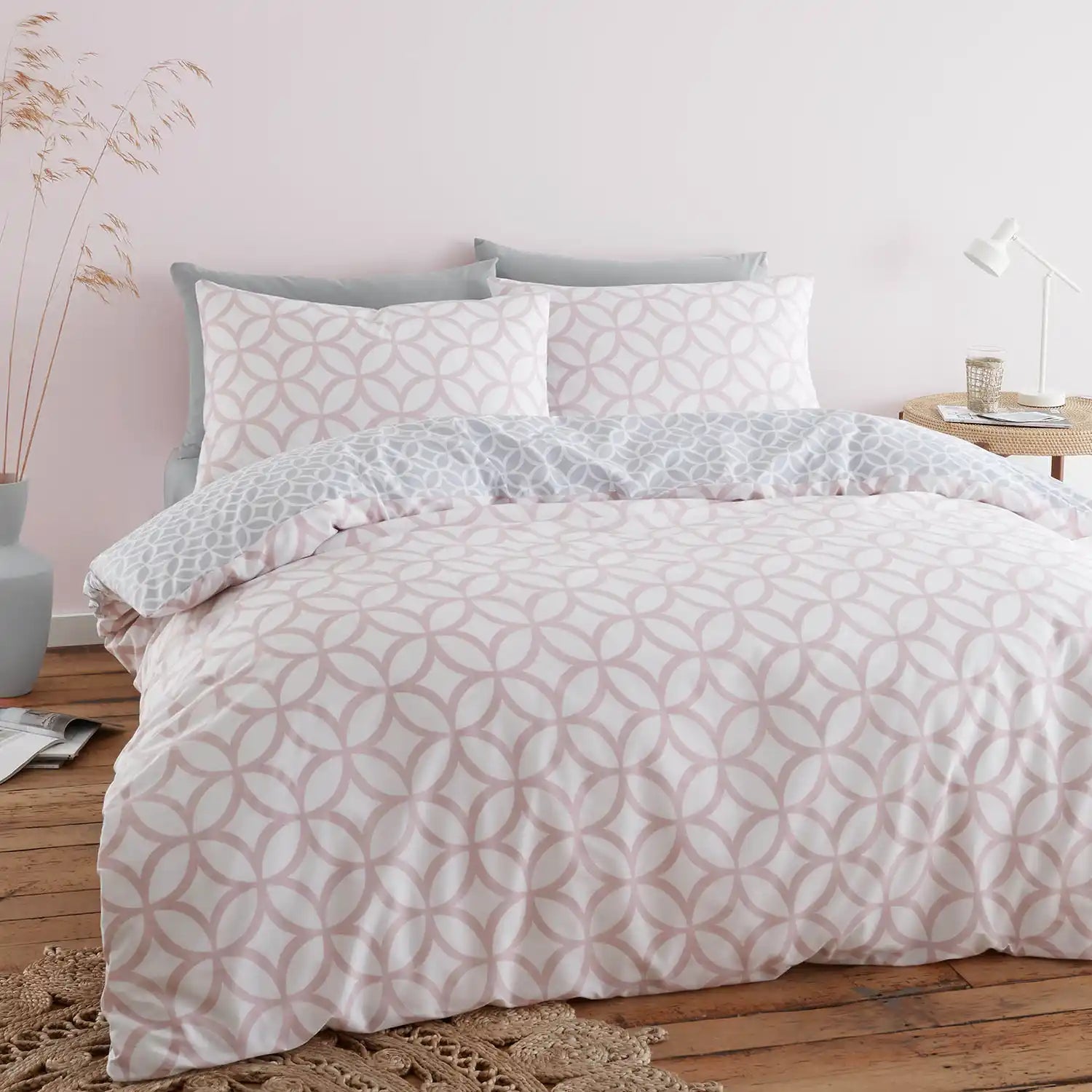 Catherine Lansfield Geo Trellis Duvet Cover Set with Pillowcases - Pink 1 Shaws Department Stores