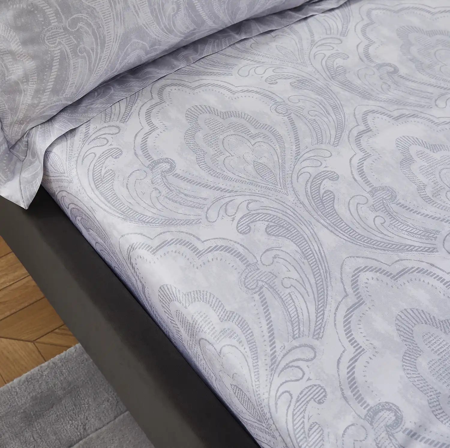 Dorma Aurelia Damask 100% Cotton Fitted Sheet - Grey/White 1 Shaws Department Stores