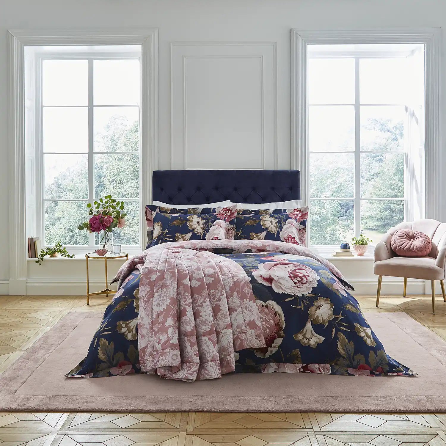 Dorma Constance Floral Bedspread - Navy floral 1 Shaws Department Stores