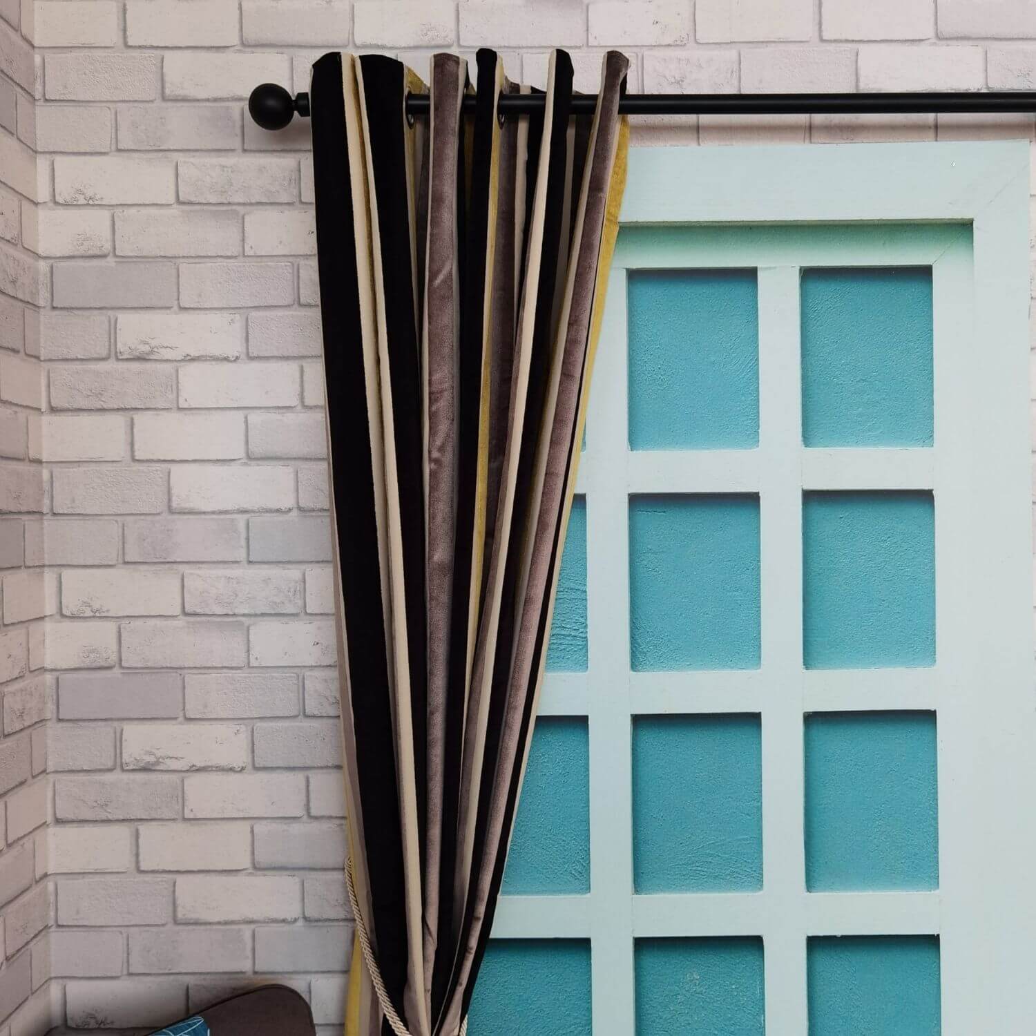 The Home Collection Stripe Velvet Curtains 90" x 90" - Ochre & Black 1 Shaws Department Stores
