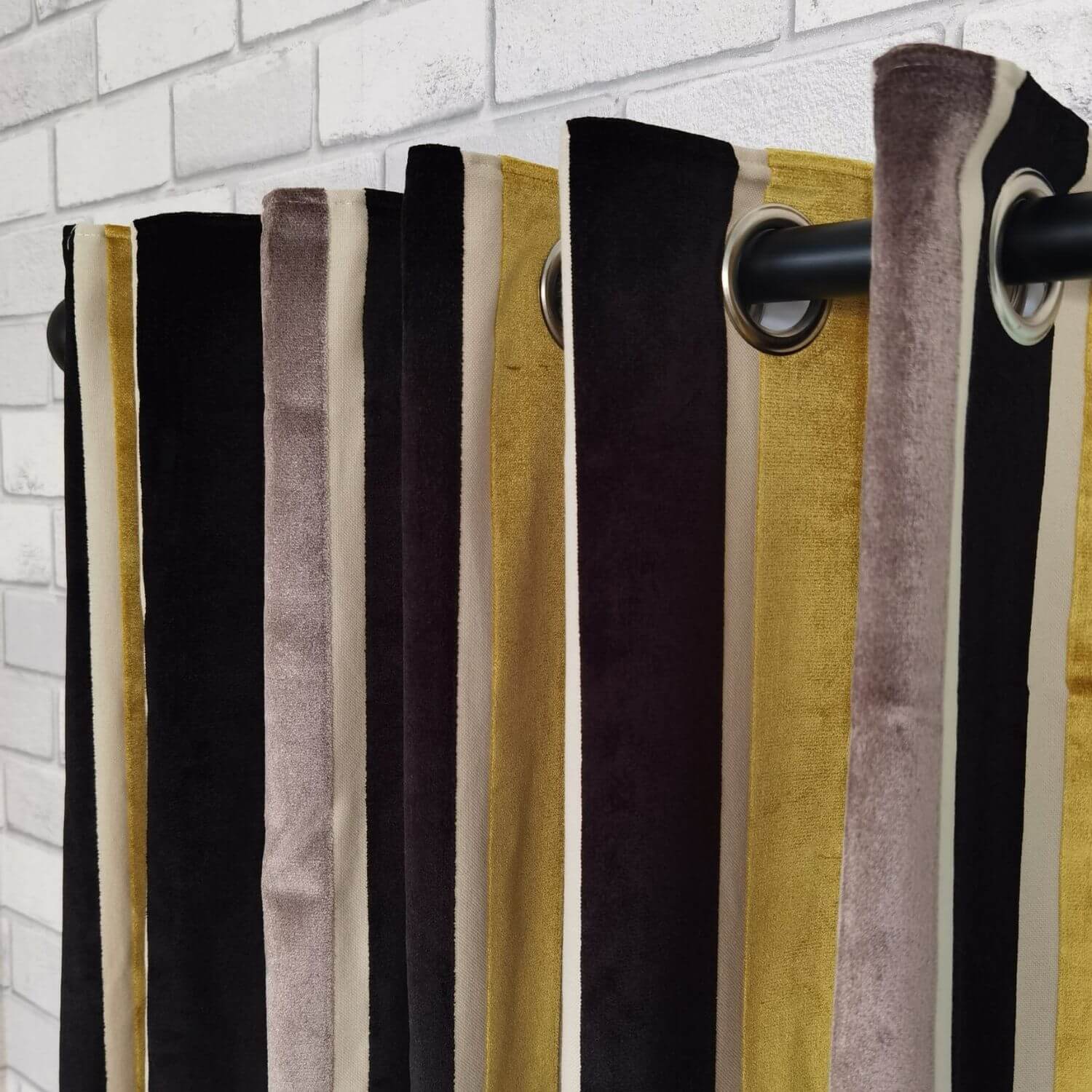 The Home Collection Stripe Velvet Curtains 90" x 90" - Ochre & Black 2 Shaws Department Stores