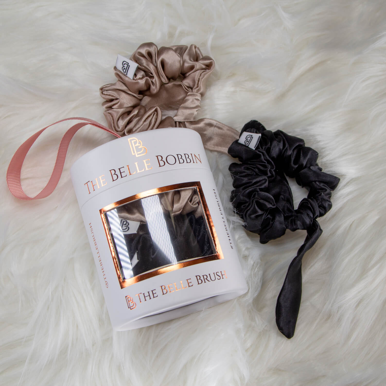 The Belle Brush The Belle Bobbin - 2 x 100% Mulberry Silk Scrunchies - Black & Champagne 1 Shaws Department Stores