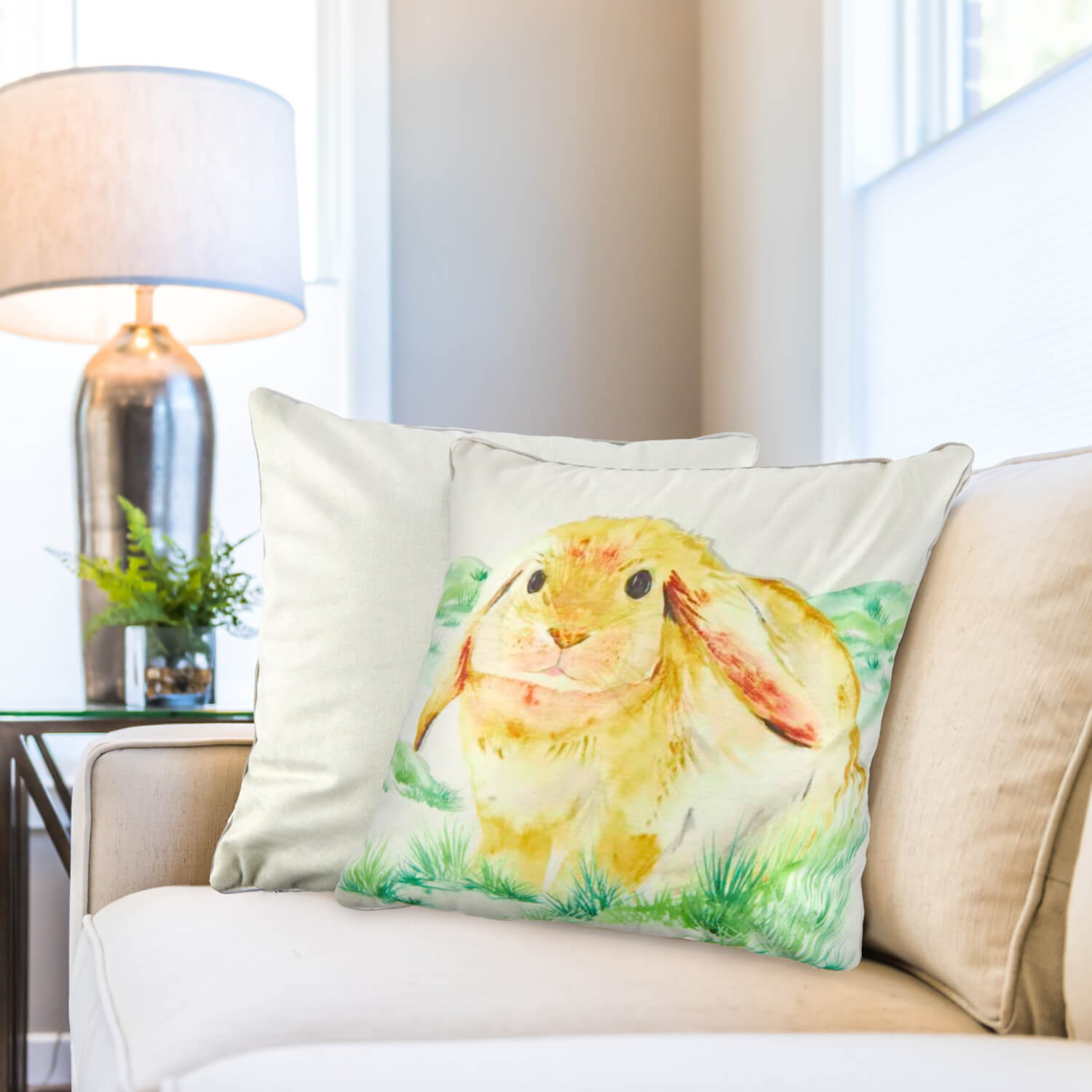 The Home Collection Watercolour Animals Velvet Cushion 17" x 17" - Rabbit Print 1 Shaws Department Stores