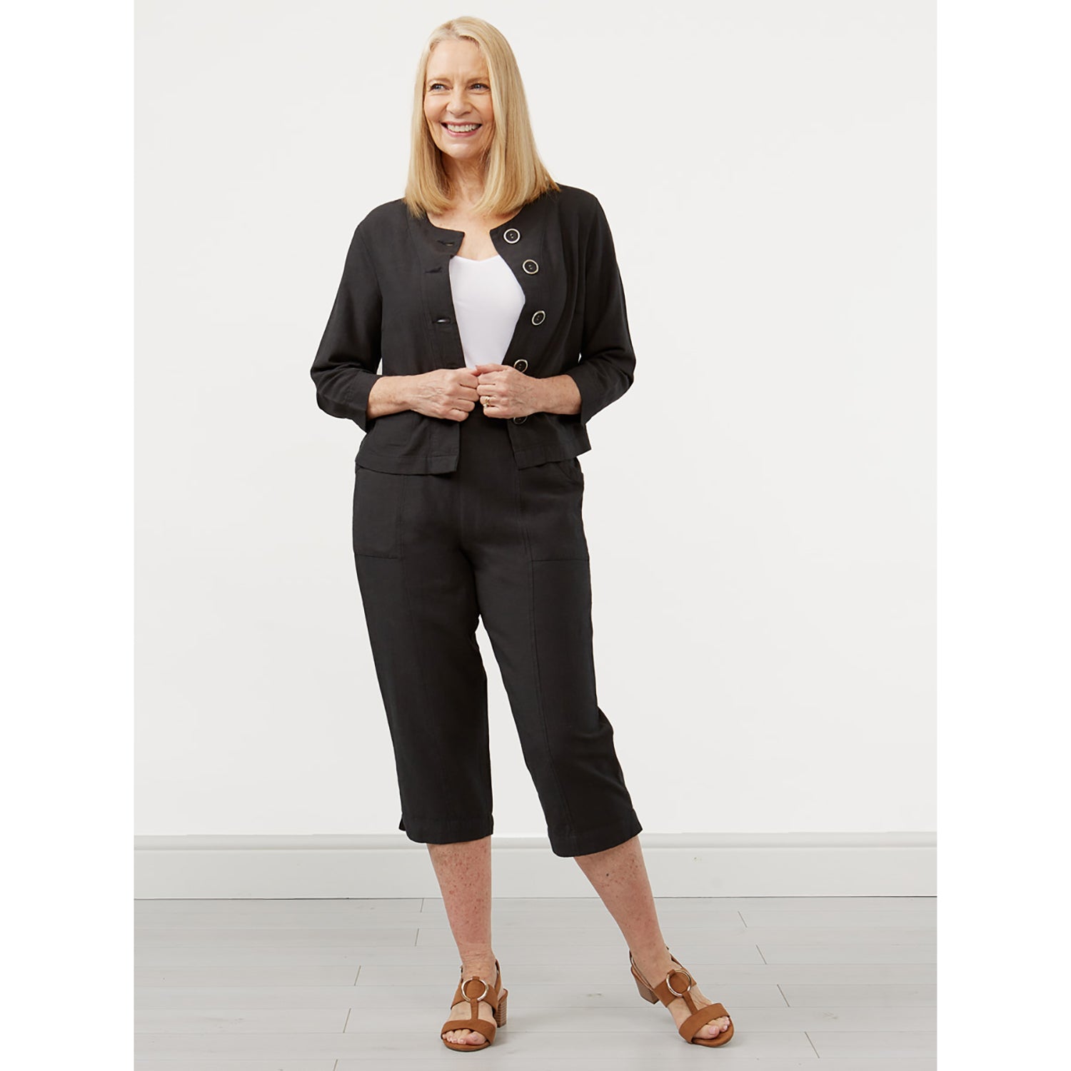 Penny Plain Linen Blend Cropped Trousers - Charcoal 1 Shaws Department Stores