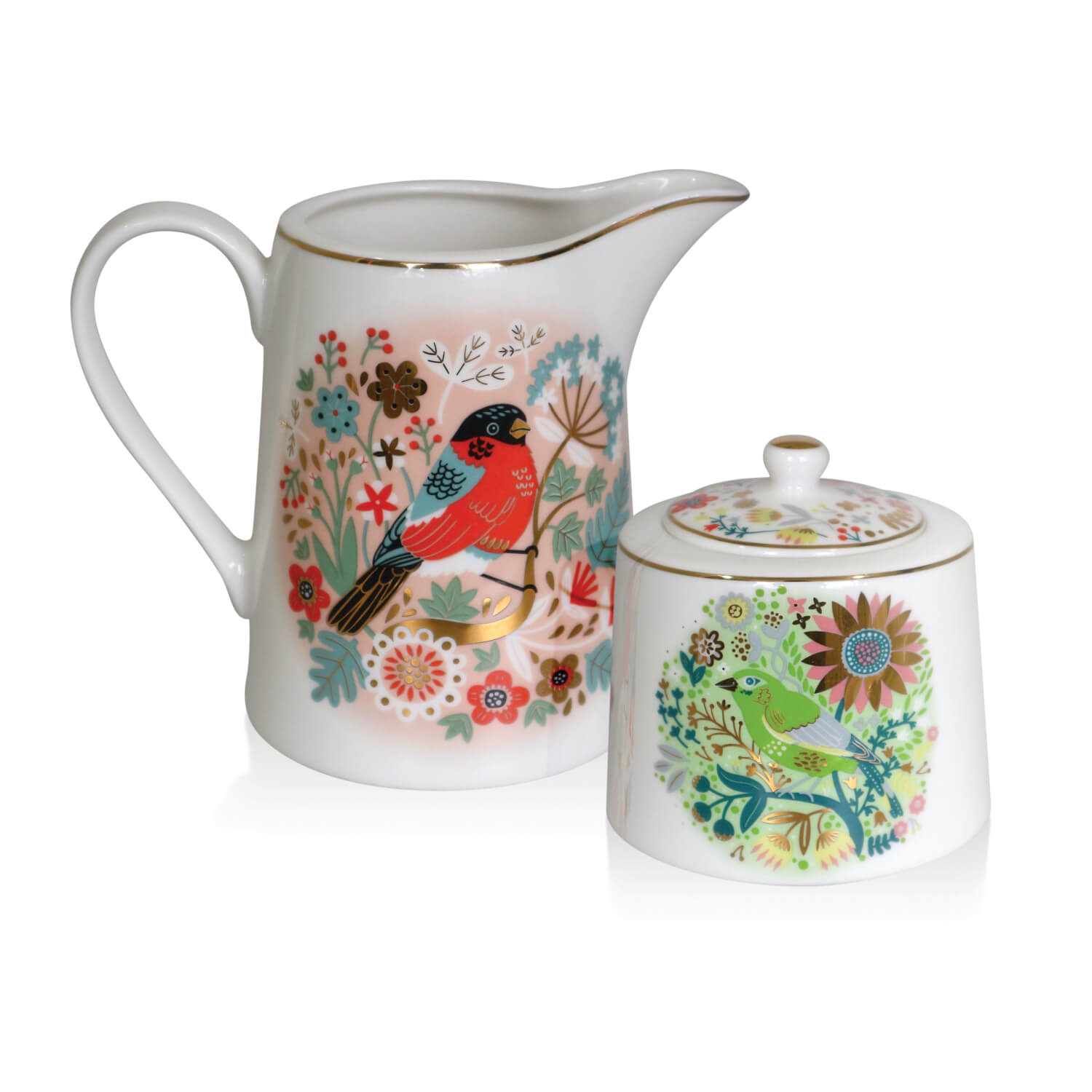Tipperary Crystal Birdy Greenfinch Sugar Bowl & Bullfinch Milker Set 1 Shaws Department Stores