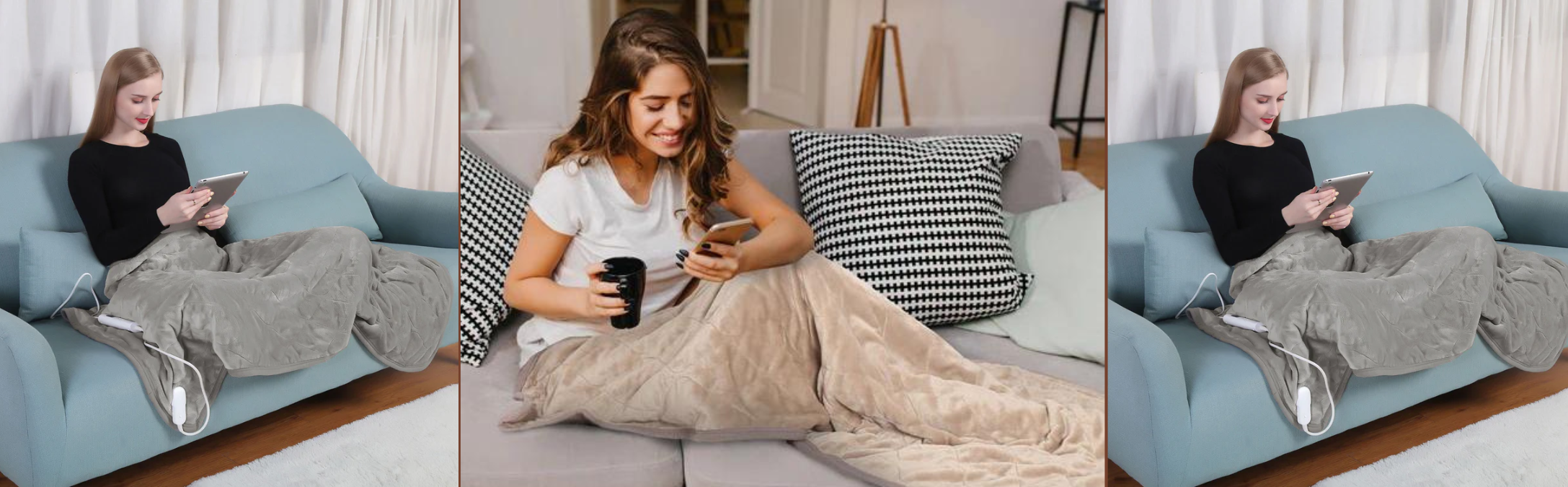 women enjoying downtime on the couch while wrapped in an electric throw