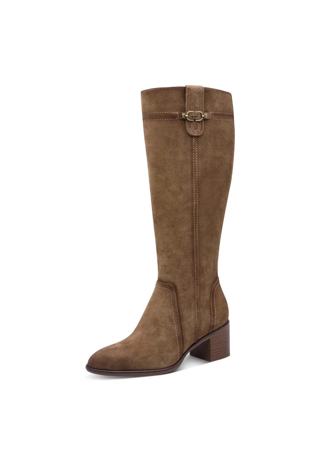 Suede Low Heel Knee High Boot - Camel