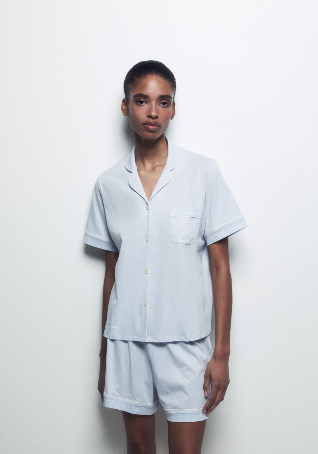 Sfera 100% Cotton Short Pyjama Set With Lapel Collar - Blue 1 Shaws Department Stores