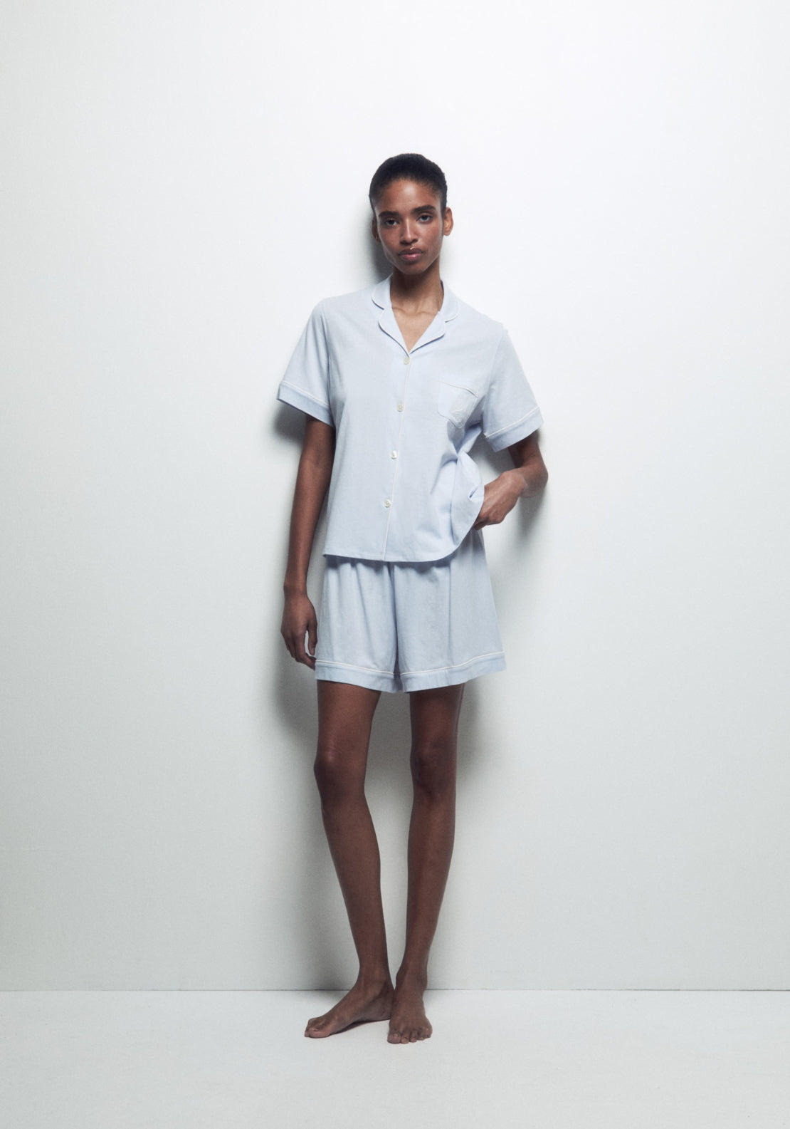 Sfera 100% Cotton Short Pyjama Set With Lapel Collar - Blue 5 Shaws Department Stores