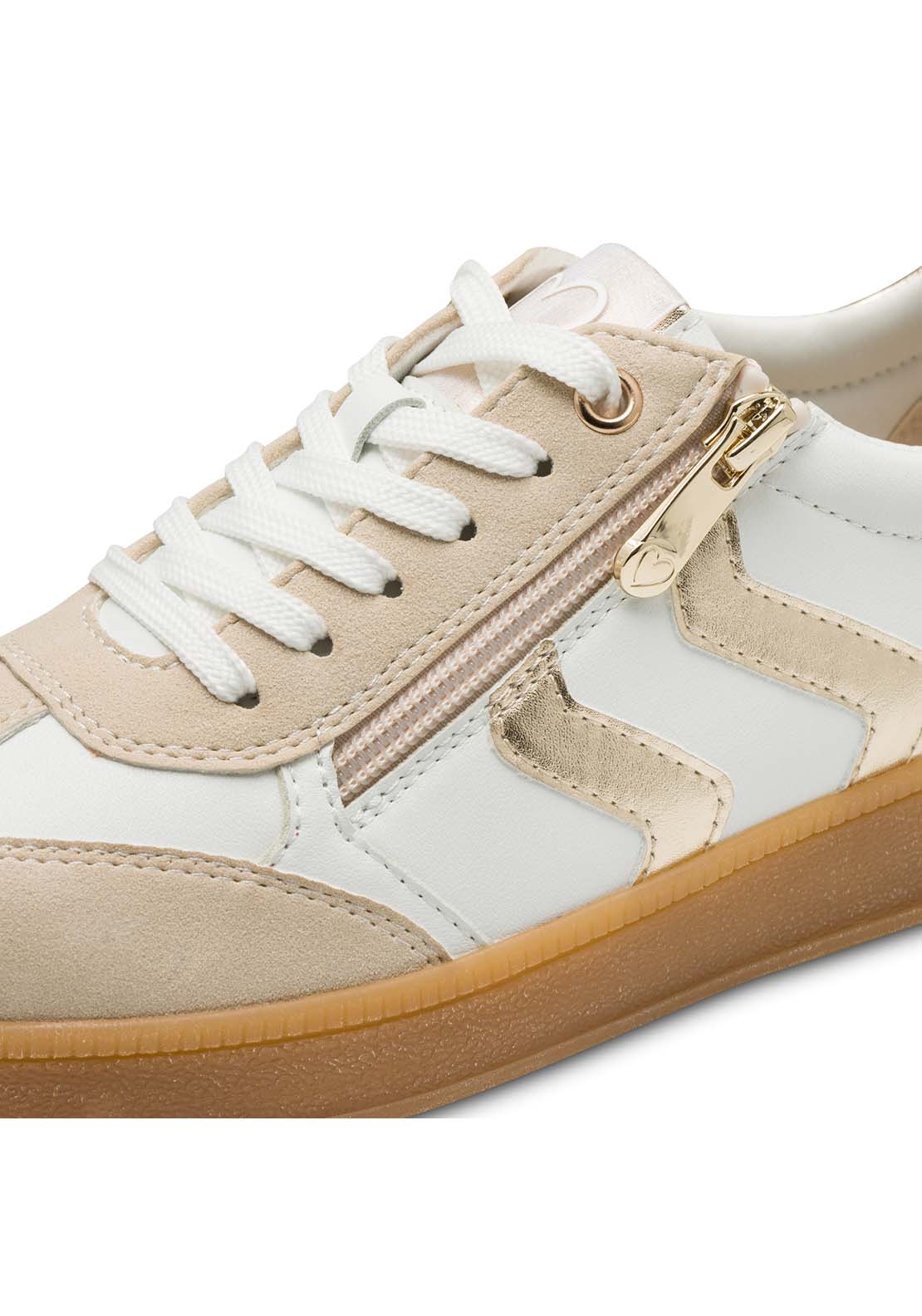 Marco Tozzi 2 Side Stripe Zip Trainer - White / Gold 6 Shaws Department Stores
