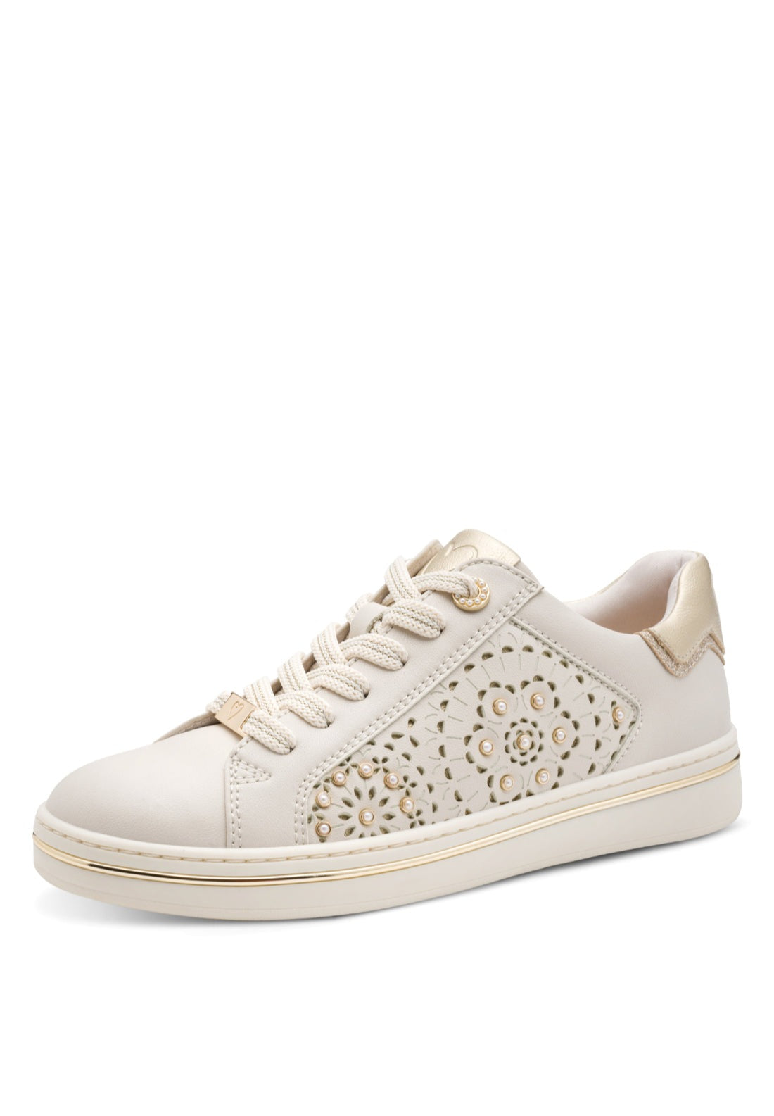 Marco Tozzi Cut Out Pearl Trim Trainer - Cream 1 Shaws Department Stores