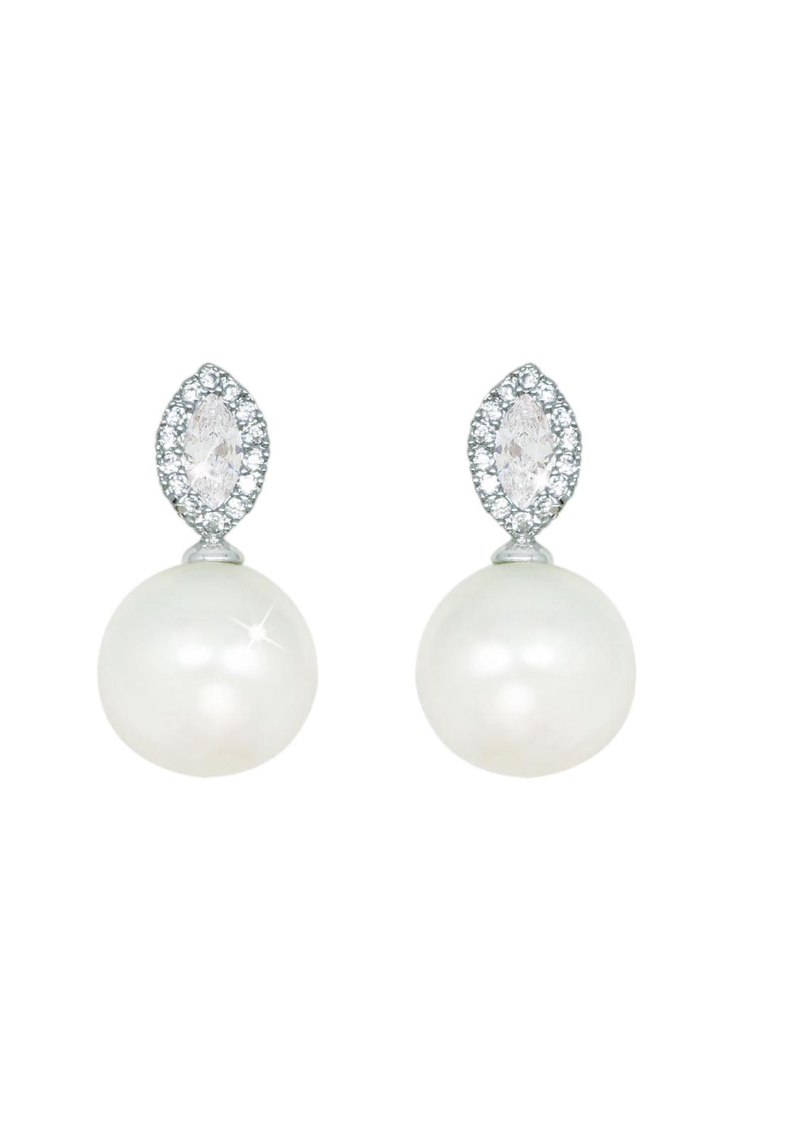 Pearl Earrings with Clear Stone - Silver