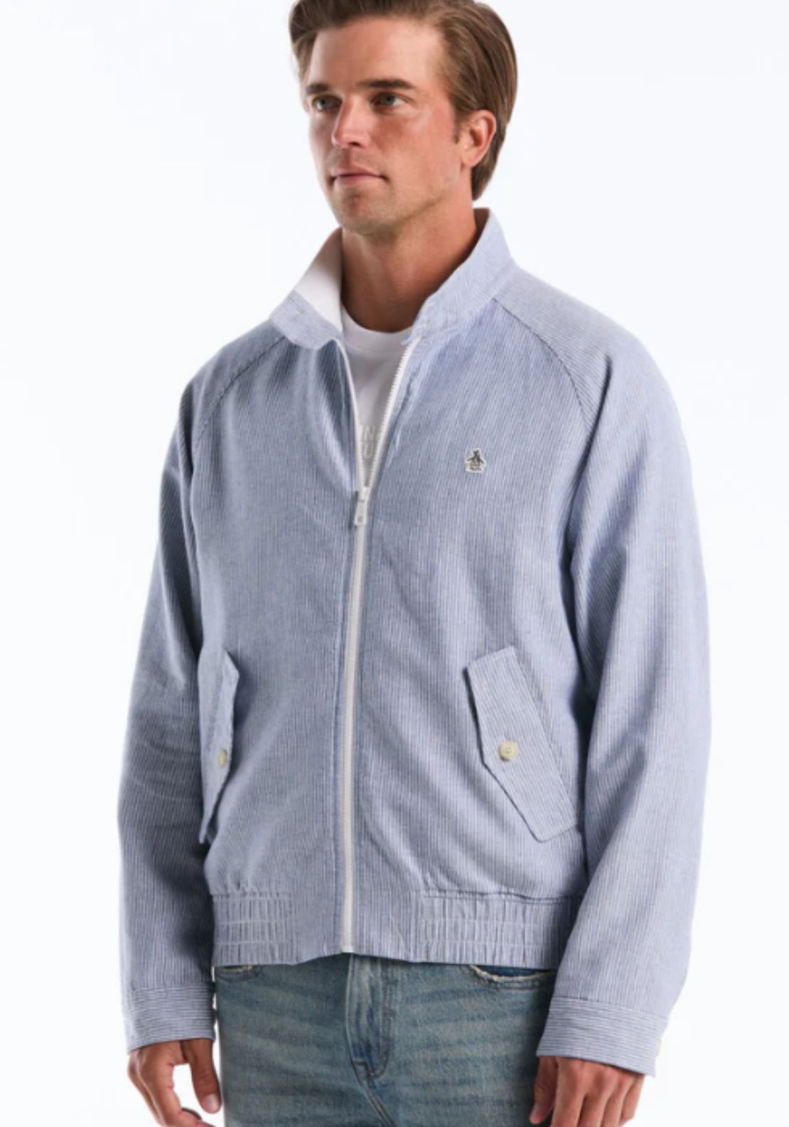 Penguin Herringbone Stripe Harrington Jacket - 485 Sargasso Sea 1 Shaws Department Stores