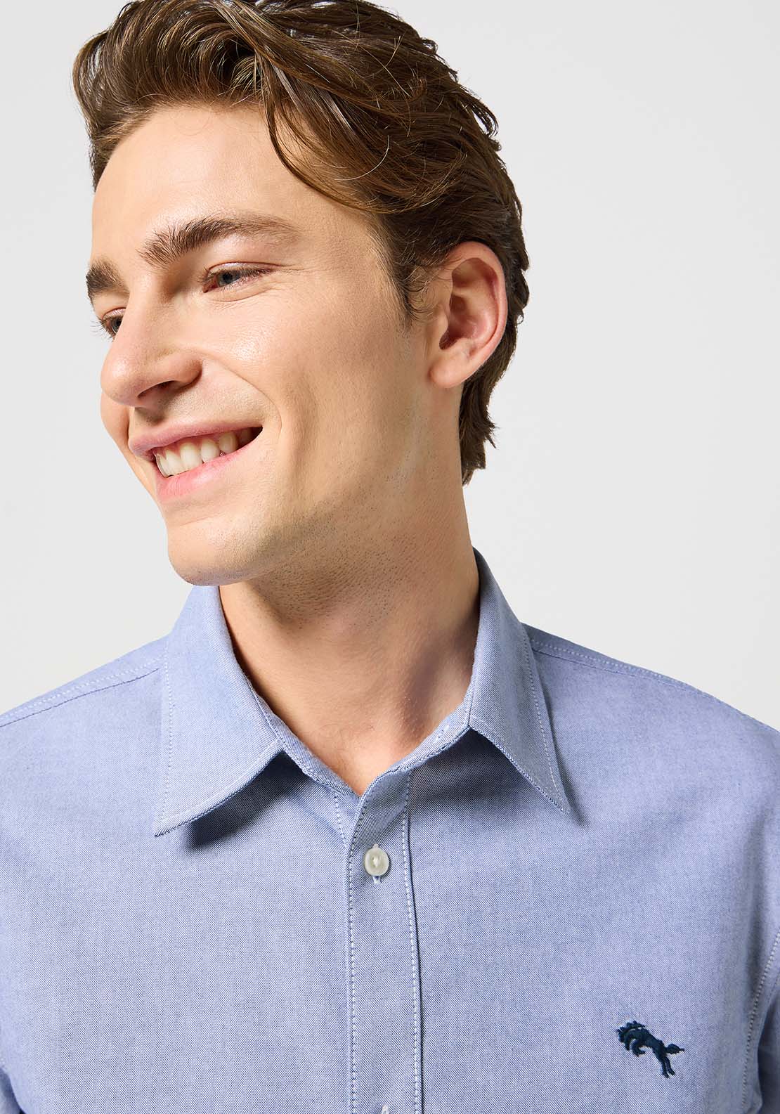 Wrangler Long Sleeve Chambray Plain Shirt - Blue 3 Shaws Department Stores