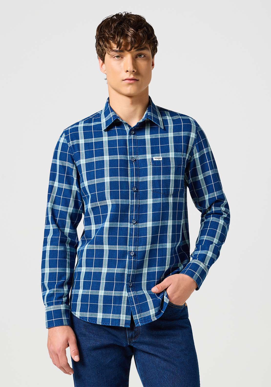 Wrangler Long Sleeves Check Shirt - Green Indigo 1 Shaws Department Stores