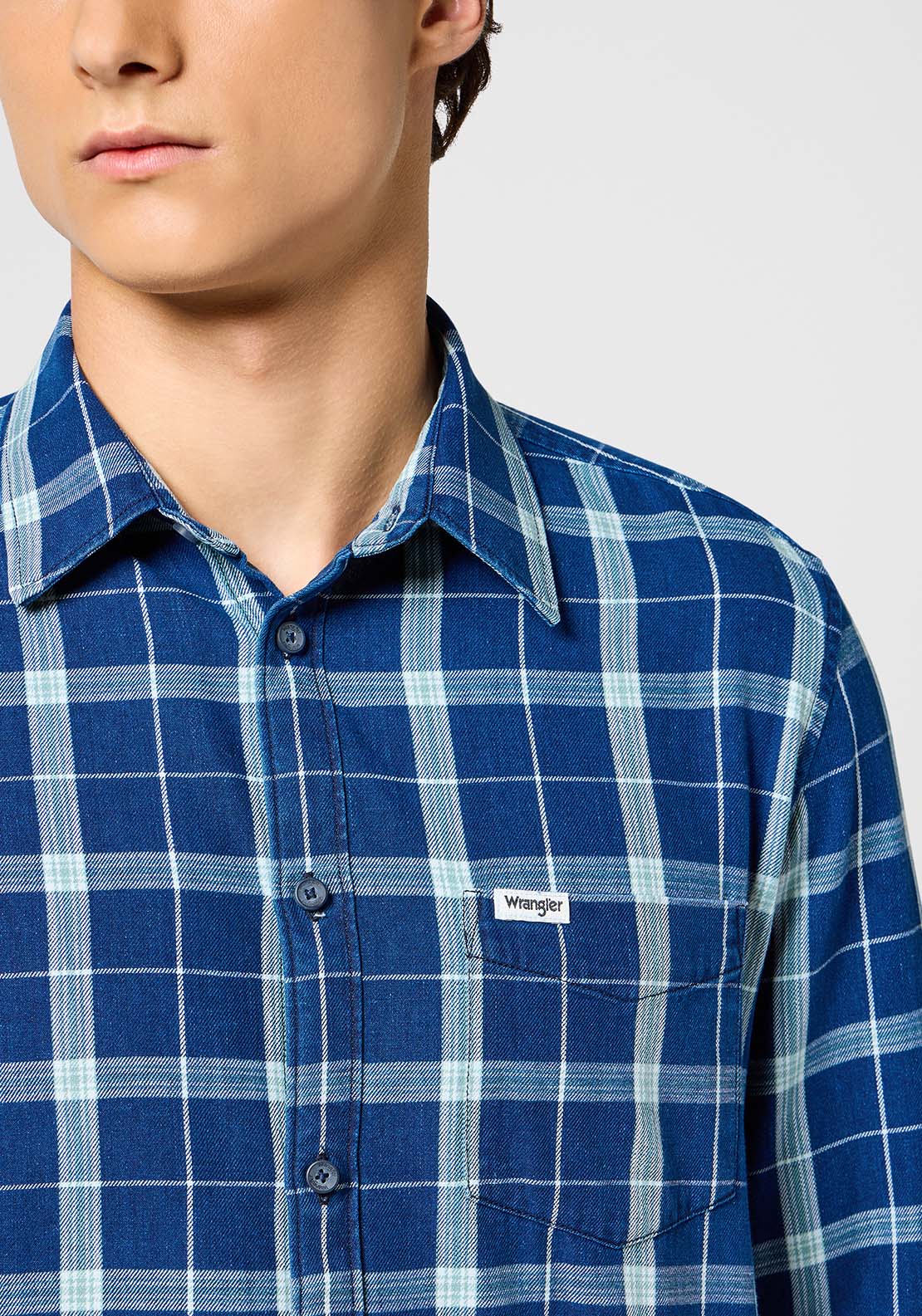 Wrangler Long Sleeves Check Shirt - Green Indigo 2 Shaws Department Stores