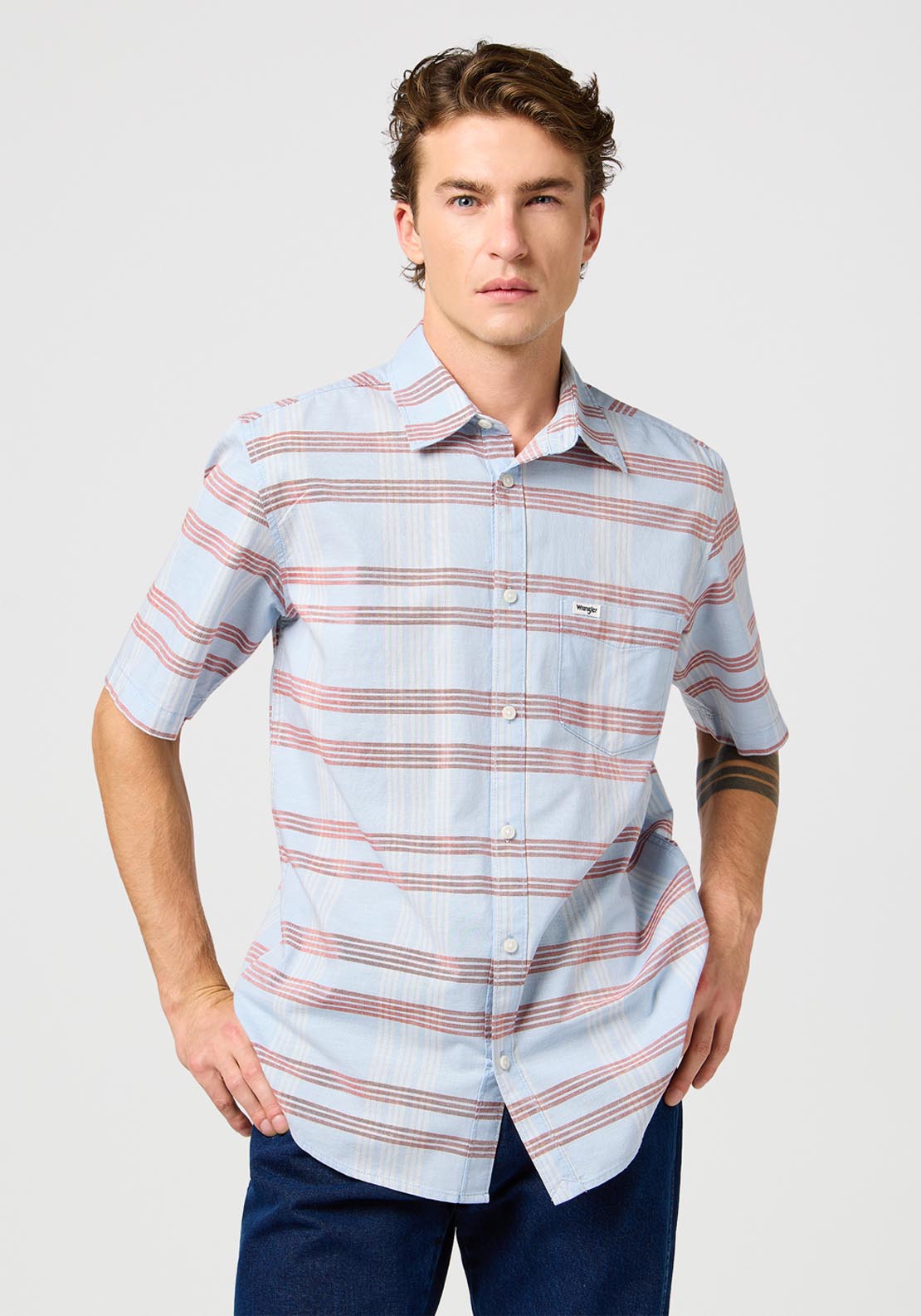 Wrangler Short Sleeve Stripe Shirt - Niagara Mist 1 Shaws Department Stores