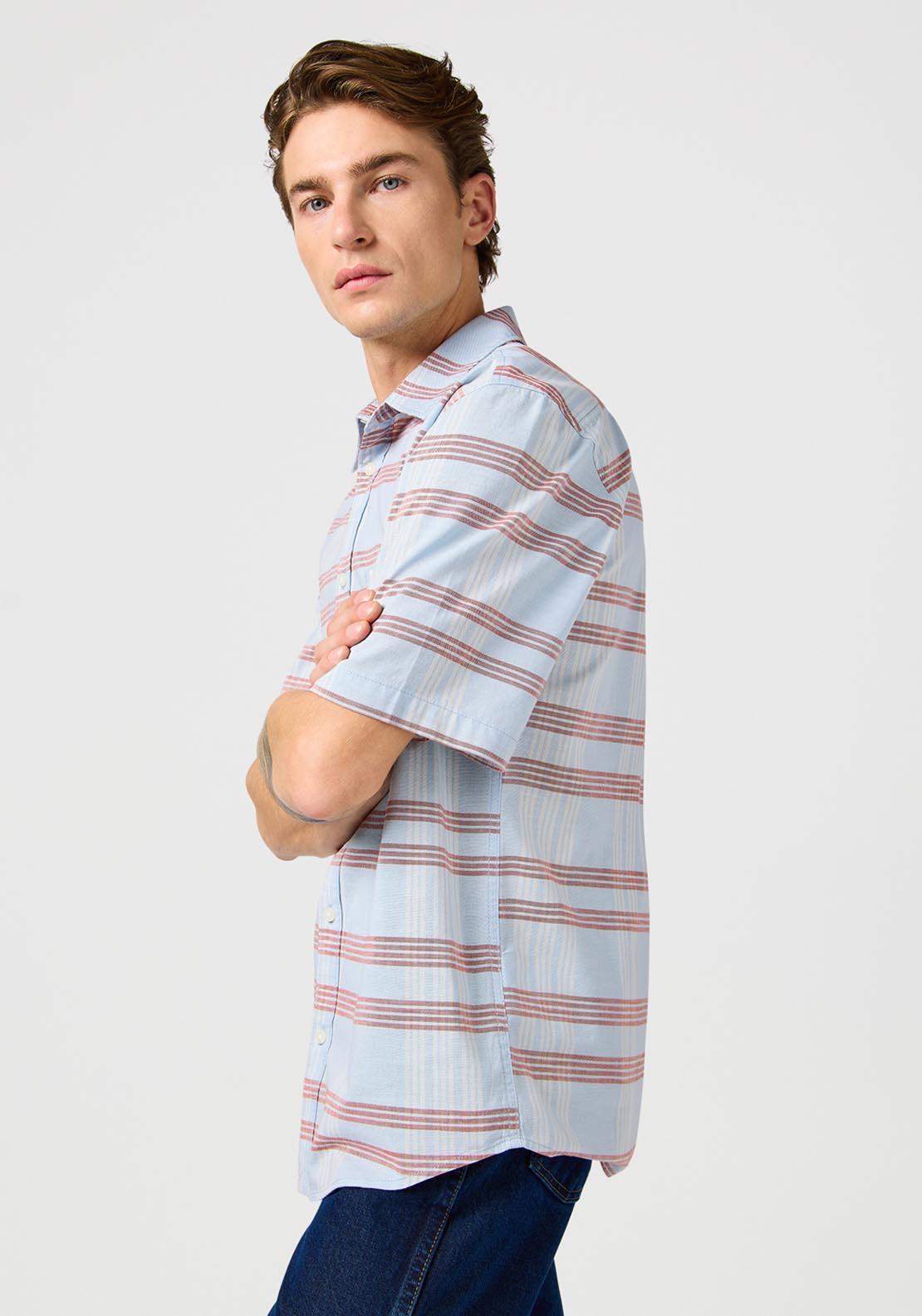 Wrangler Short Sleeve Stripe Shirt - Niagara Mist 3 Shaws Department Stores