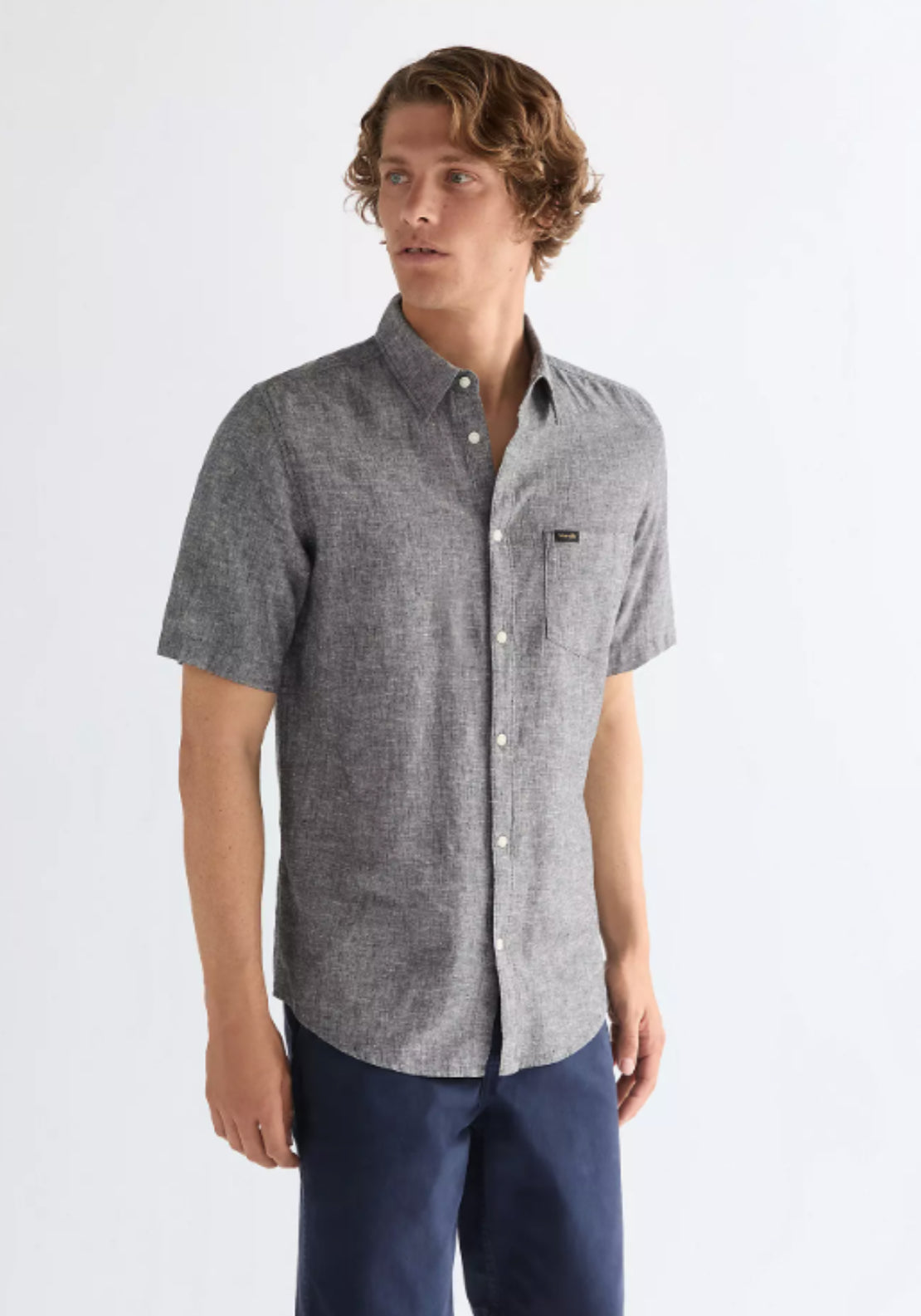 Wrangler Linen Blend Short Sleeve One Pocket Shirt - Blue 1 Shaws Department Stores