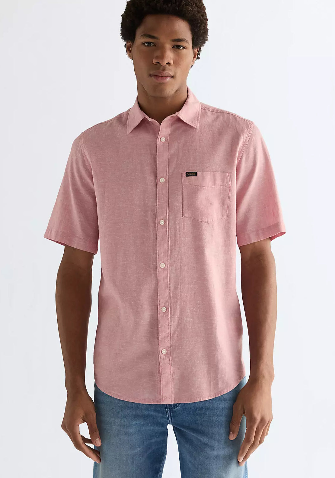 Wrangler Linen Blend Short Sleeve One Pocket Shirt - Pink 1 Shaws Department Stores