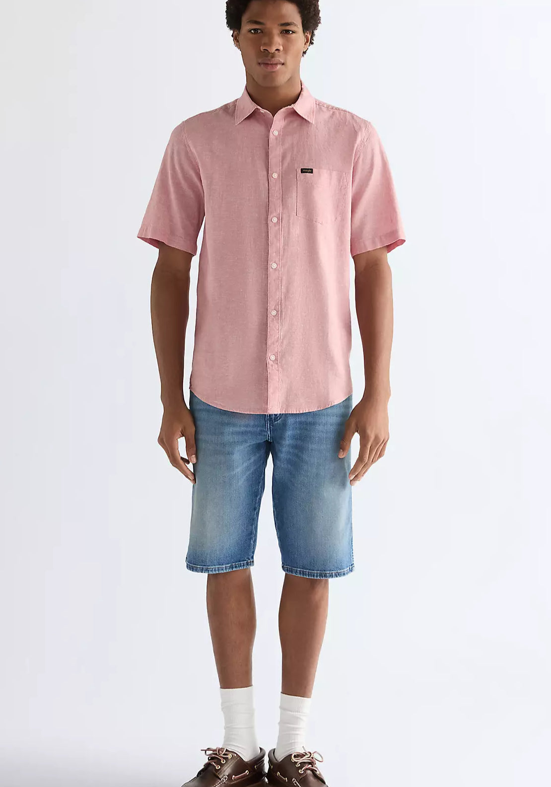 Wrangler Linen Blend Short Sleeve One Pocket Shirt - Pink 4 Shaws Department Stores