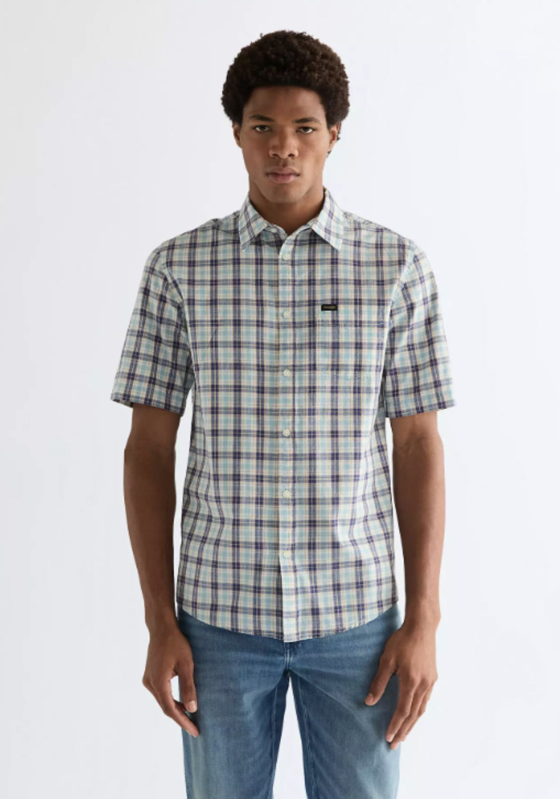 Wrangler 100% Cotton Short Sleeve One Pocket Check Shirt - Forget Me Not 1 Shaws Department Stores