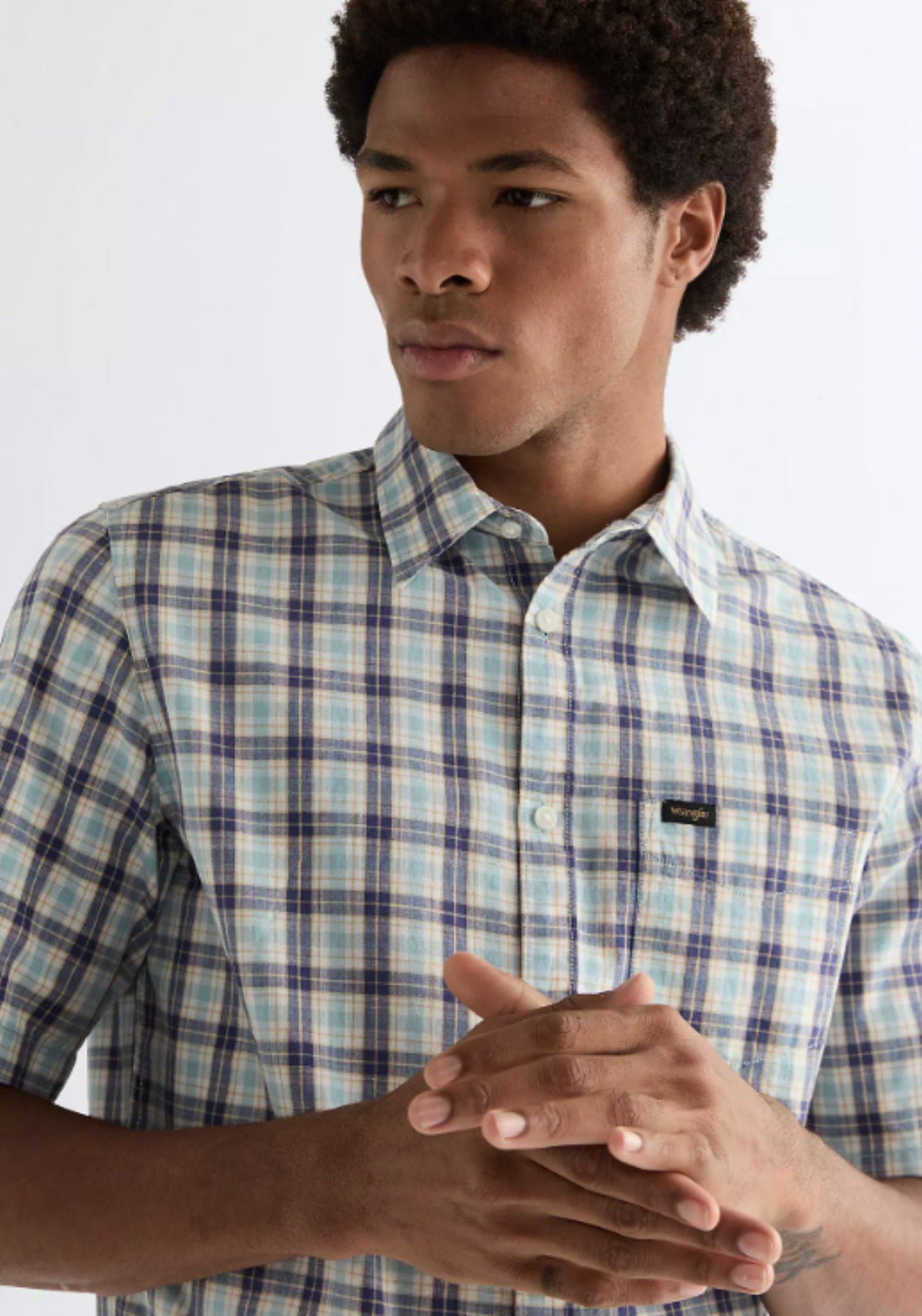 Wrangler 100% Cotton Short Sleeve One Pocket Check Shirt - Forget Me Not 4 Shaws Department Stores