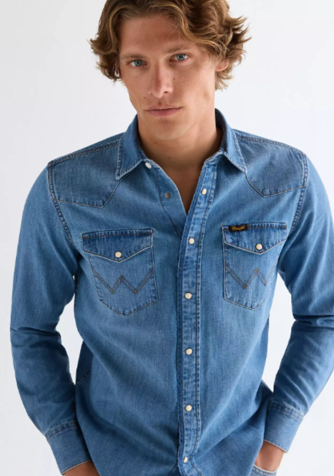 Wrangler Denim Shirt - Mid Light Wash 3 Shaws Department Stores
