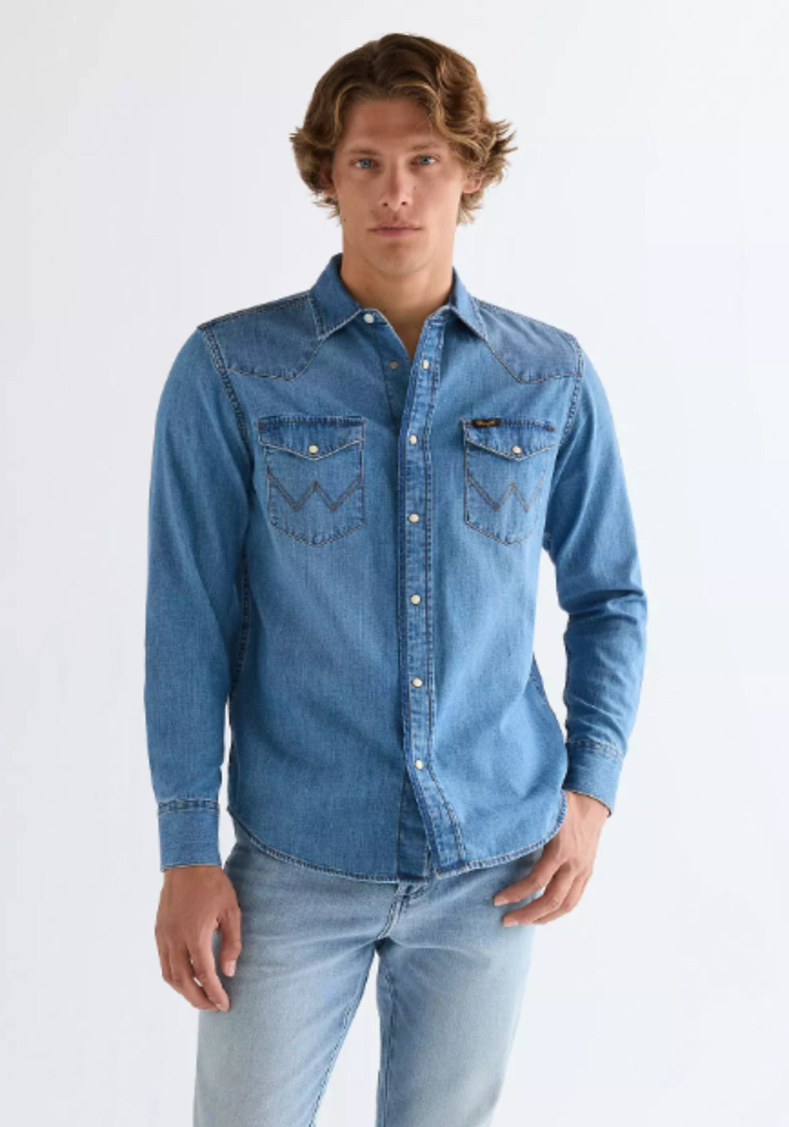 Wrangler Denim Shirt - Mid Light Wash 1 Shaws Department Stores