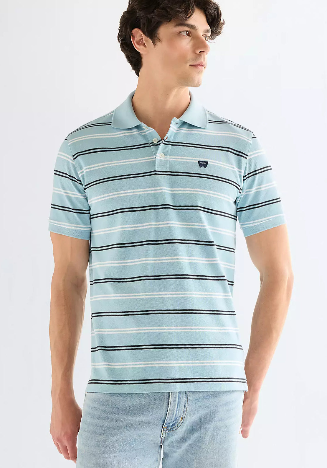 Wrangler 100% Cotton Regular Stripe Polo Shirt - Forget Me Not 1 Shaws Department Stores