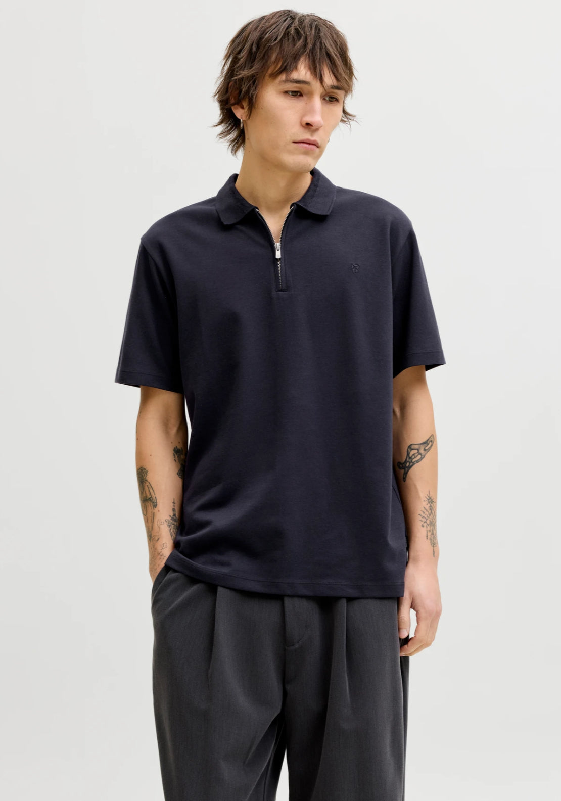 Jack &amp; Jones Short Sleeve Zip Polo Shirt - Night Sky 1 Shaws Department Stores