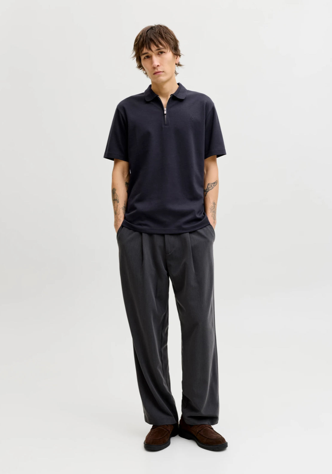Jack &amp; Jones Short Sleeve Zip Polo Shirt - Night Sky 5 Shaws Department Stores