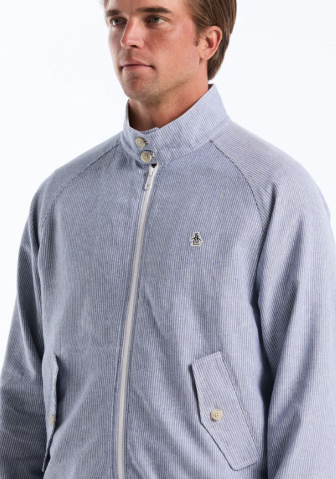 Penguin Herringbone Stripe Harrington Jacket - 485 Sargasso Sea 3 Shaws Department Stores