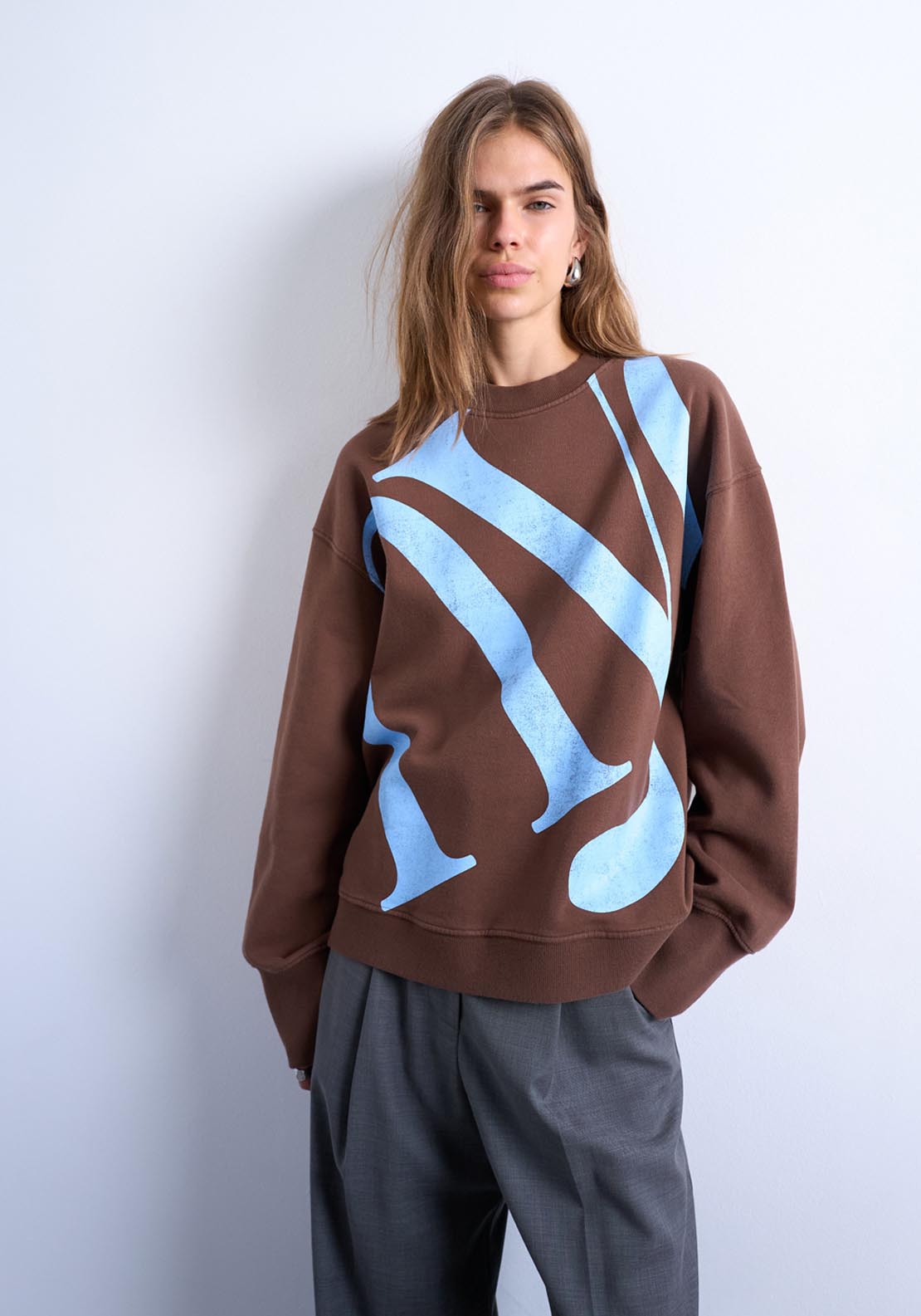 Topshop Glea Graphic Oversized Sweatshirt - Chocolate Brown 1 Shaws Department Stores