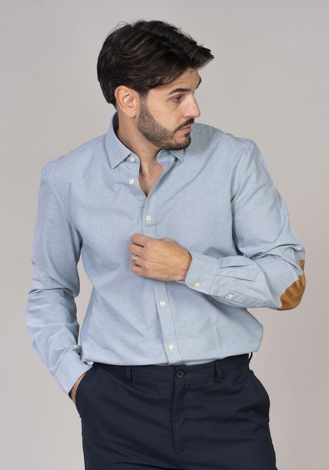 Springfield Pinpoint shirt with elbow patches - Blue 2 Shaws Department Stores