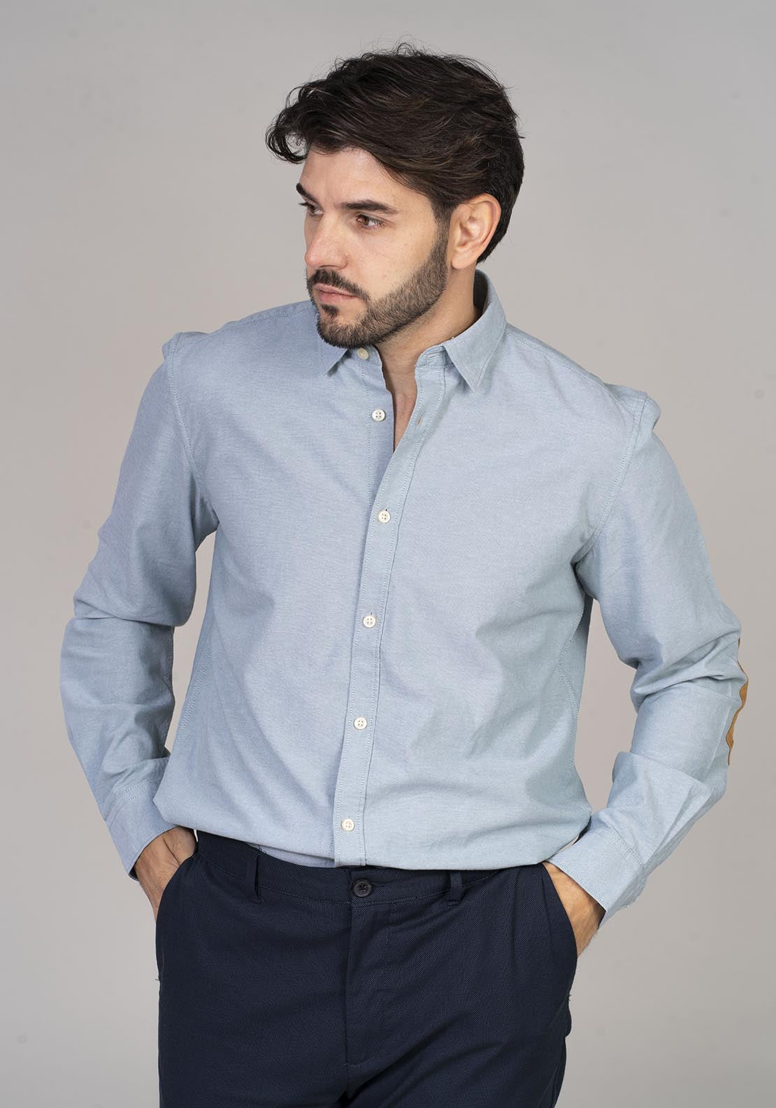 Springfield Pinpoint shirt with elbow patches - Blue 1 Shaws Department Stores