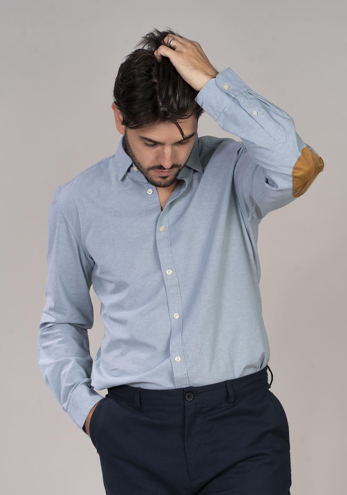 Springfield Pinpoint shirt with elbow patches - Blue 5 Shaws Department Stores