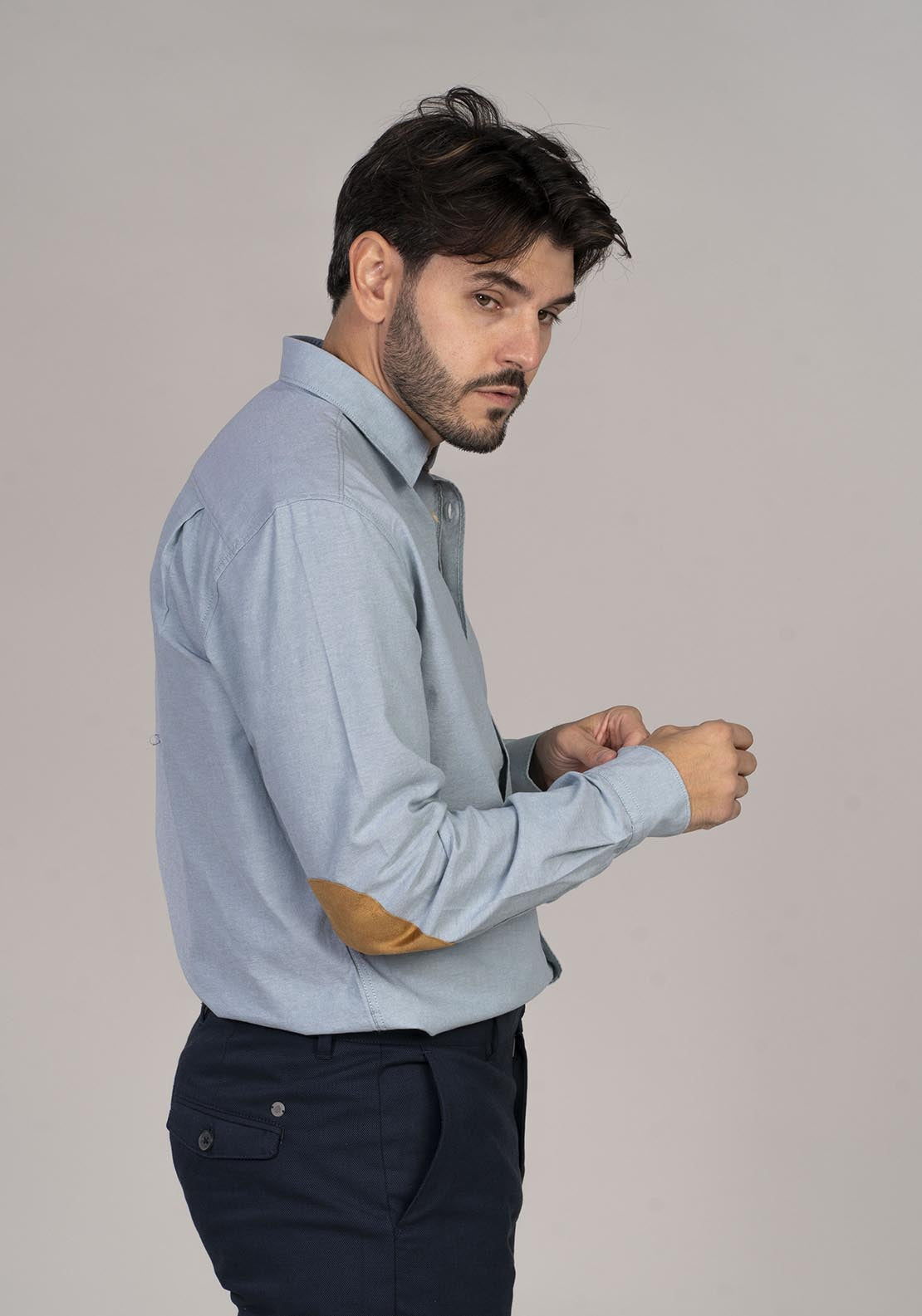 Springfield Pinpoint shirt with elbow patches - Blue 3 Shaws Department Stores