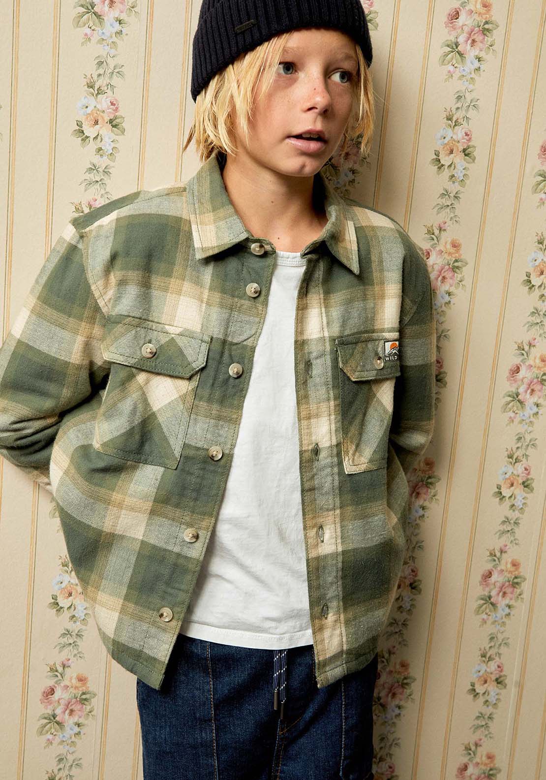 Printed Lined Overshirt With Pockets - Green