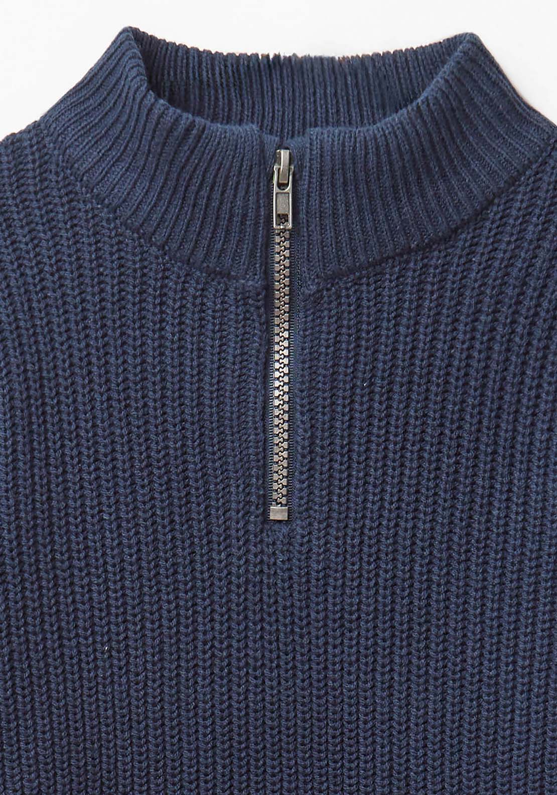 Ribbed Zip Neck Sweater - Blue