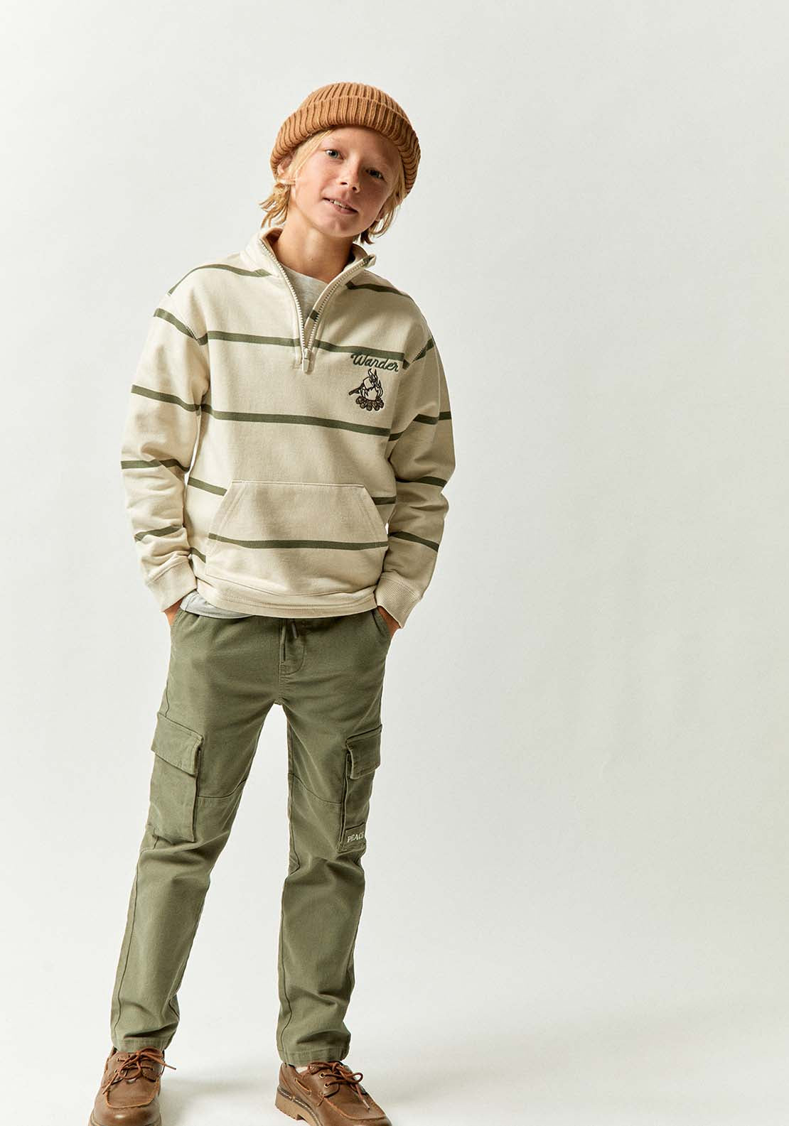 Striped Sweatshirt With Zipped Funnel Neck &amp; Embroidery Detail - Cream