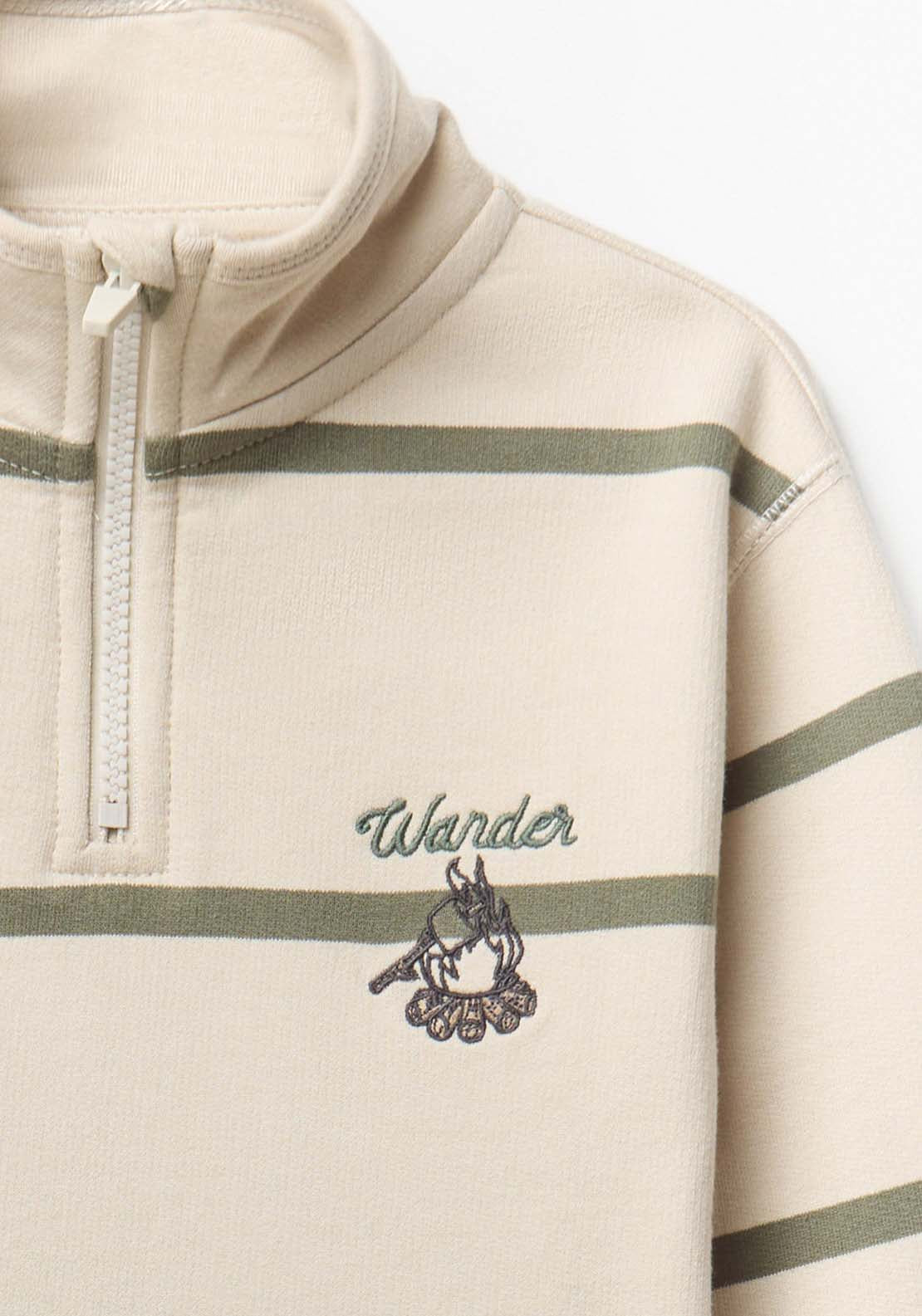 Striped Sweatshirt With Zipped Funnel Neck &amp; Embroidery Detail - Cream