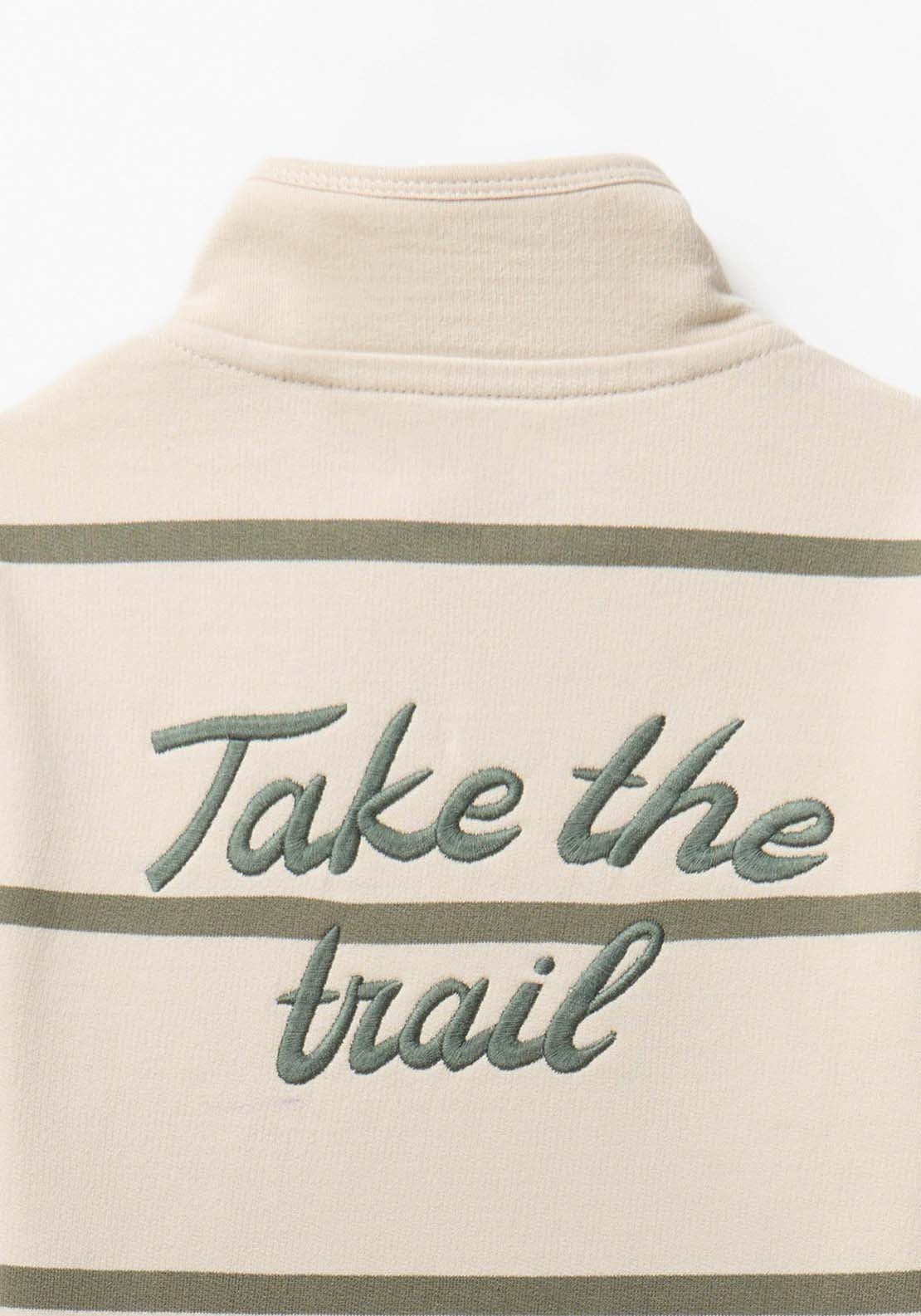 Striped Sweatshirt With Zipped Funnel Neck &amp; Embroidery Detail - Cream