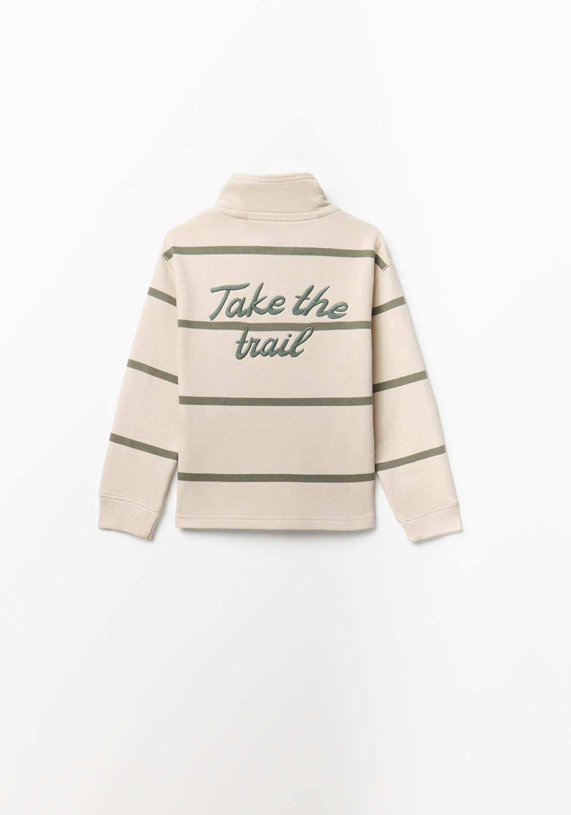 Striped Sweatshirt With Zipped Funnel Neck &amp; Embroidery Detail - Cream