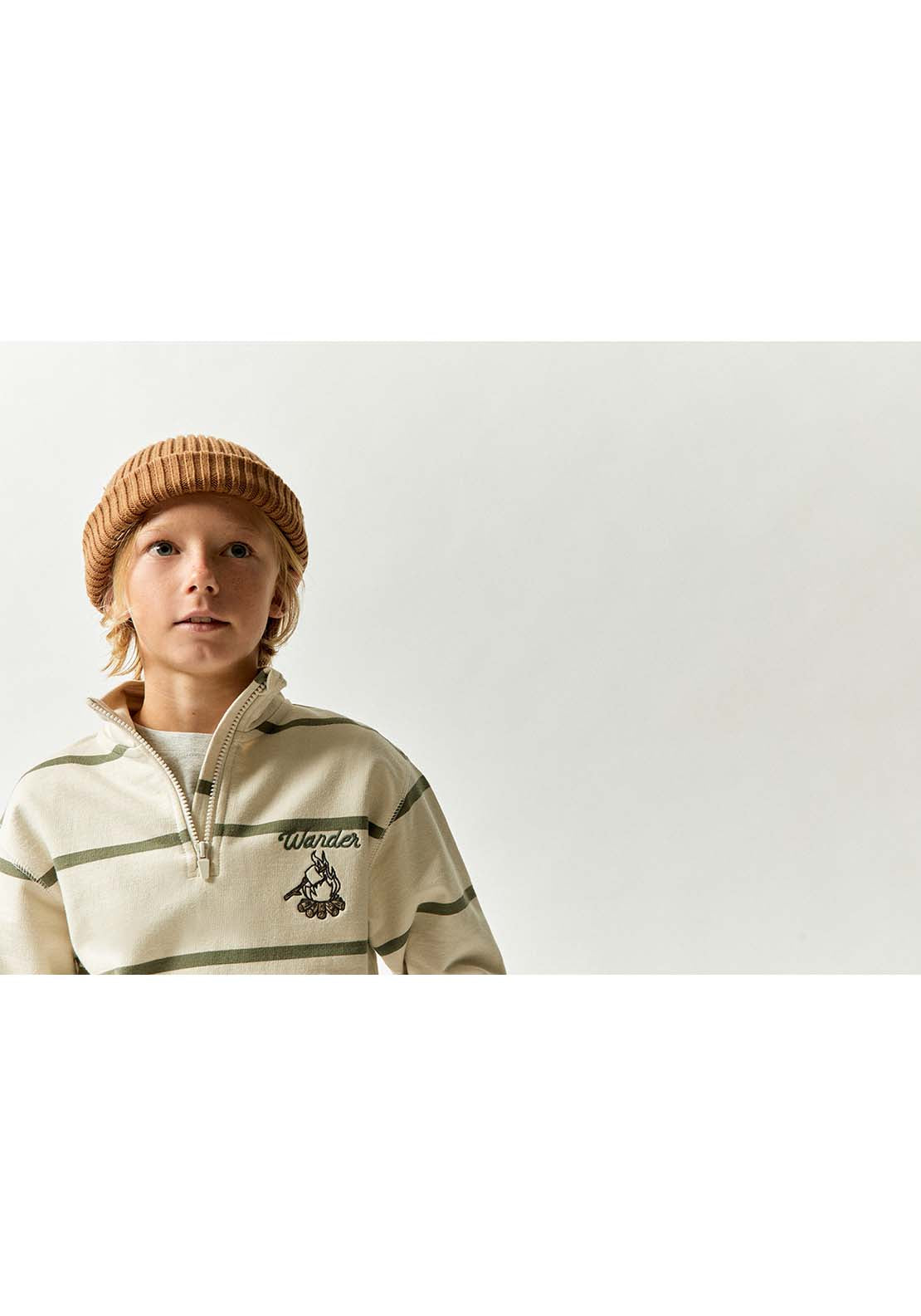 Striped Sweatshirt With Zipped Funnel Neck &amp; Embroidery Detail - Cream