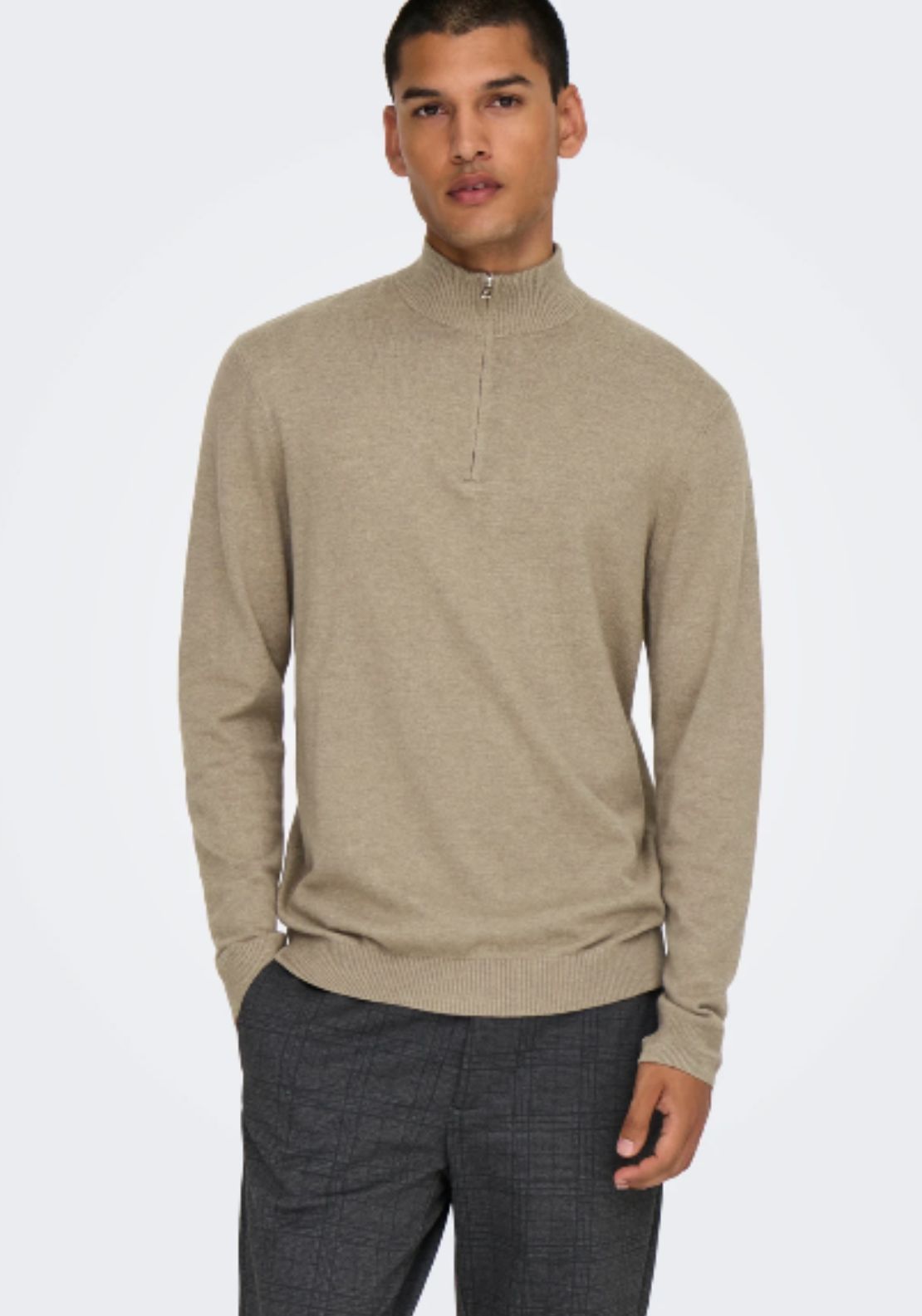 Only &amp; Sons Onsloui Half Zip Knit - Desert Taupe 1 Shaws Department Stores