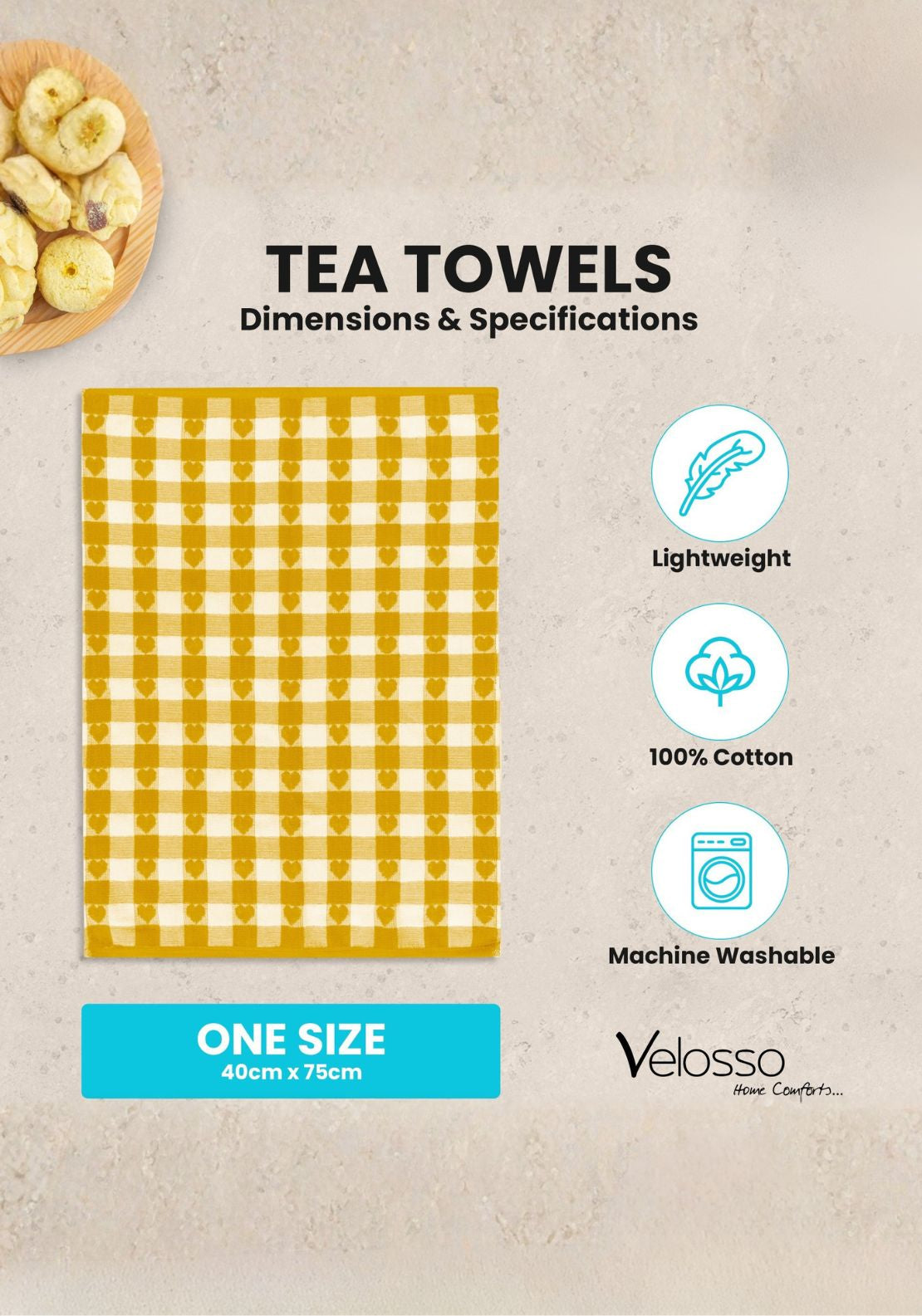 The Home Collection Hearts Check Tea Towel - Yellow 4 Shaws Department Stores