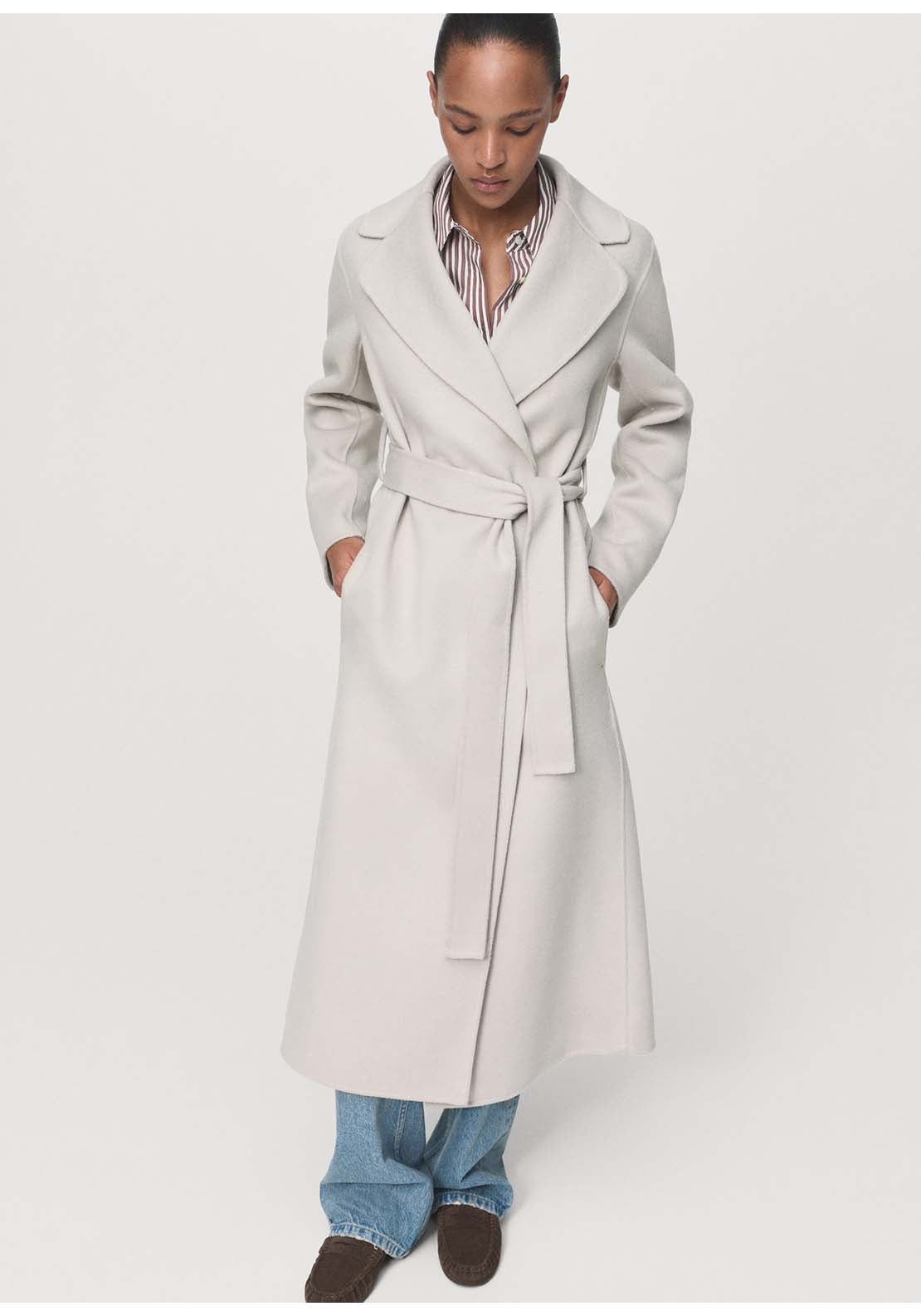 Wool Coat With Handmade Belt - Cream
