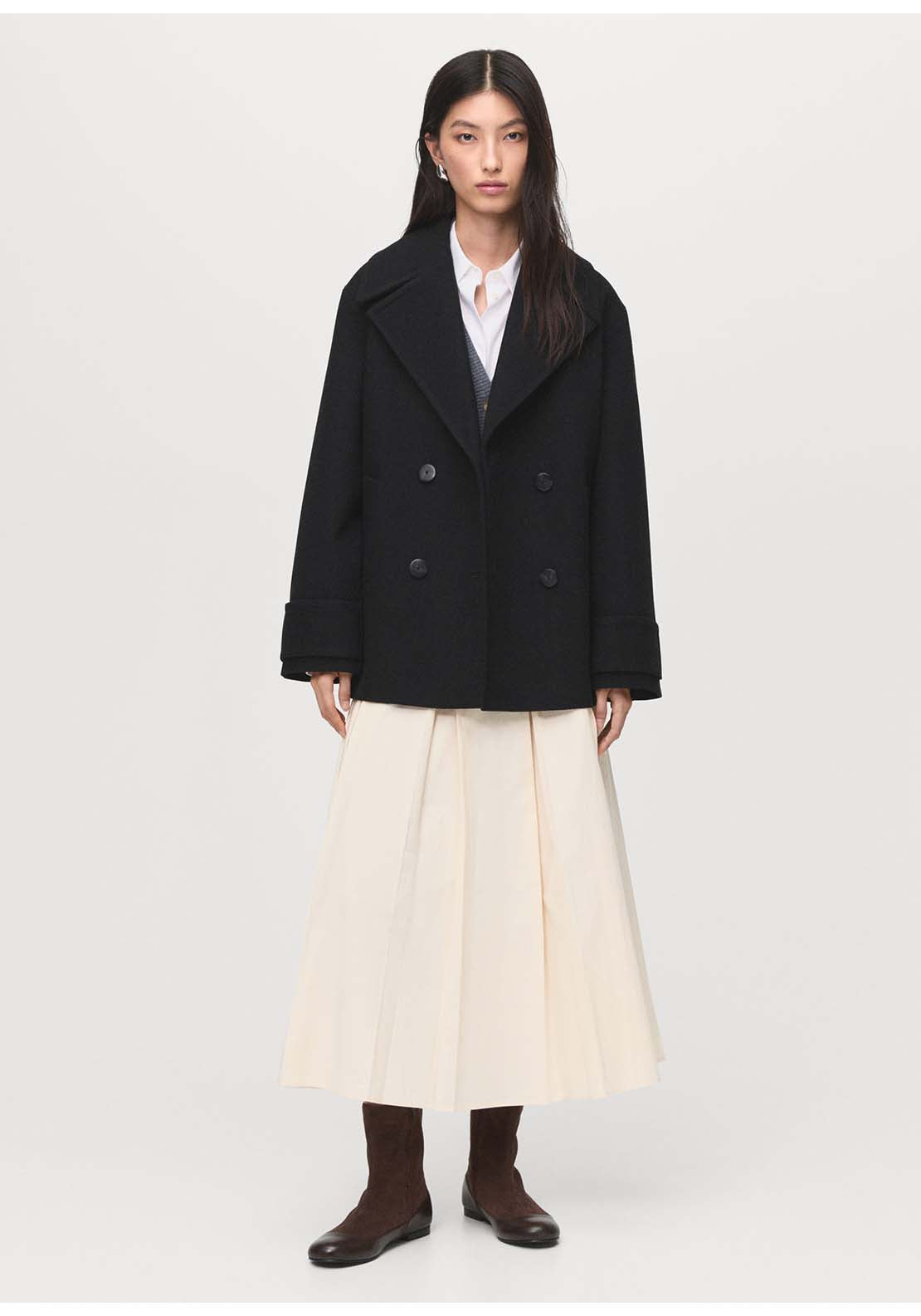 Double-Breasted Wool Blend Coat - Black