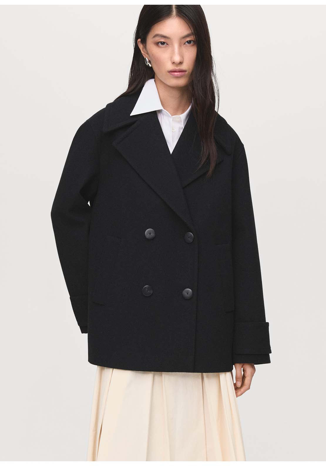Double-Breasted Wool Blend Coat - Black
